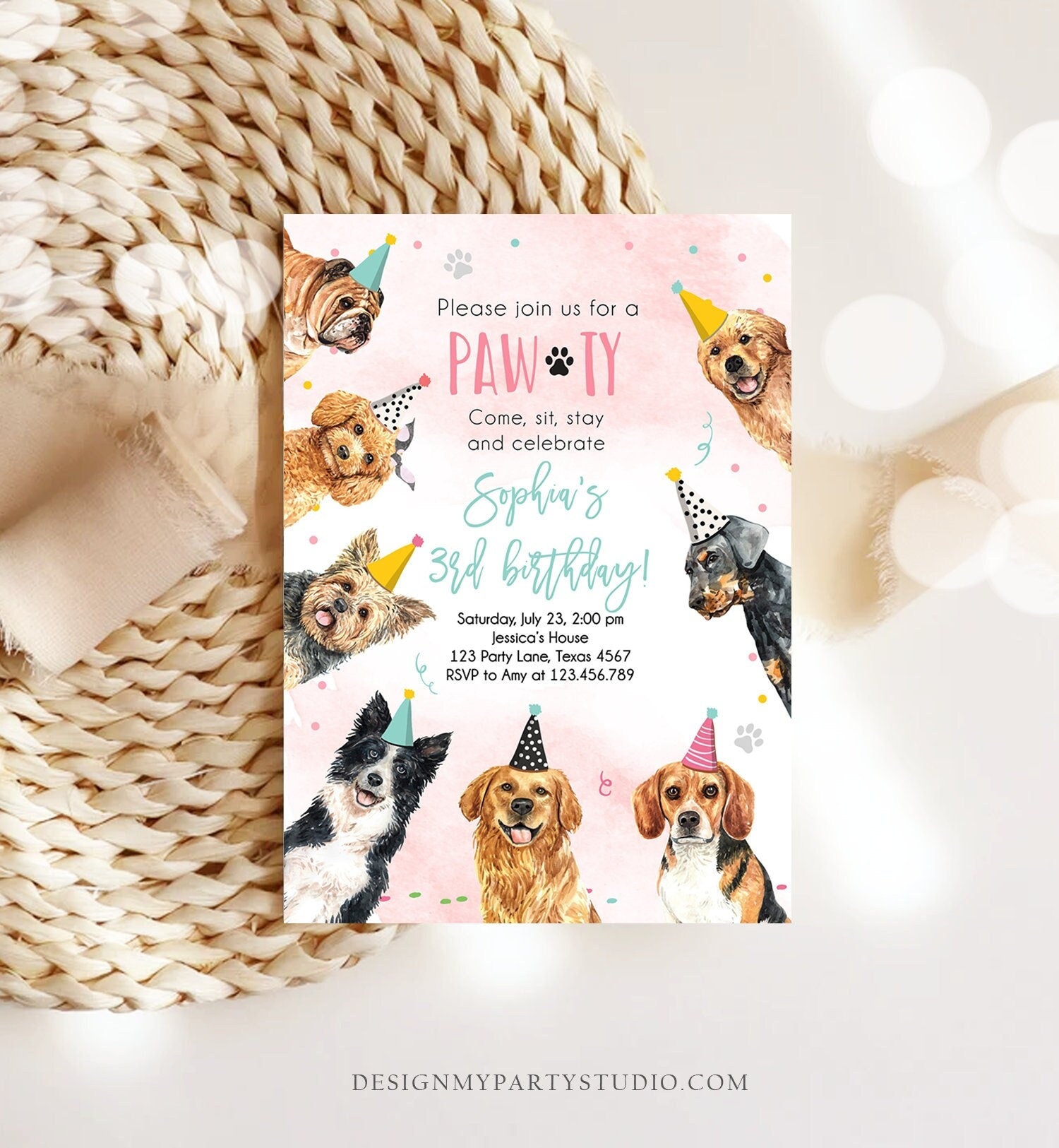 Editable Dog Birthday Party Invitation Puppy Birthday Invite Pink Girl Doggy Shelter Animal Pet Vet Download Printable Template Corjl 0384