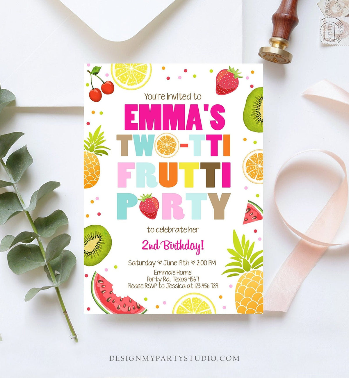 Editable Two-tti Frutti 2nd Birthday Invitation Twotti Frutti Party Fruit Tropical Summer Download Printable Template Digital Corjl 0127