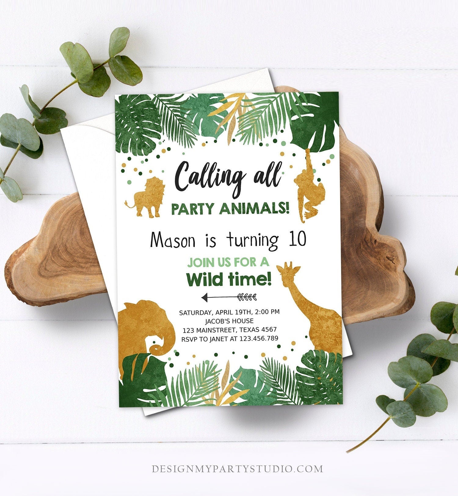 Editable Safari Animals Birthday Invitation ANY AGE Calling All Party Animals Boy Gold Green Jungle Download Printable Corjl Template 0016