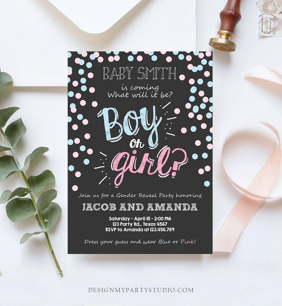 Editable Gender Reveal Invitation Boy or Girl Pink or Blue He or She Chalk Confetti Modern Simple Invite Template Instant Download Corjl