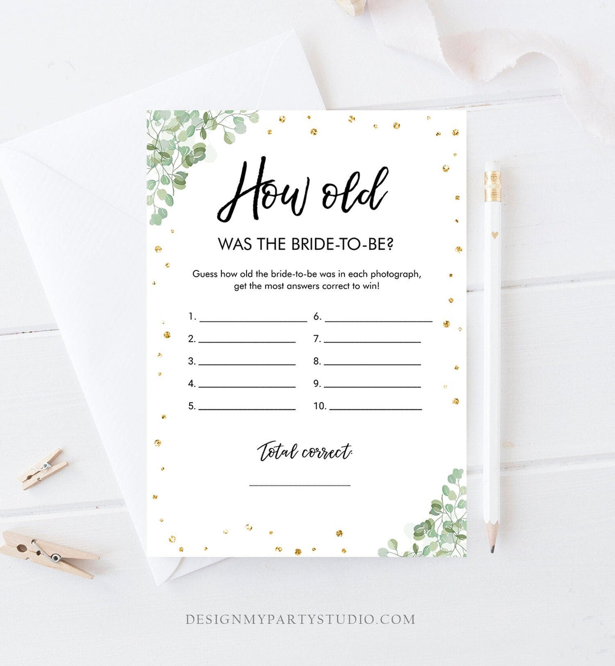 Editable How Old Was The Bride-to-Be Bridal Shower Game Wedding Shower Activity Eucalyptus Gold Digital Template Printable 0030 0318