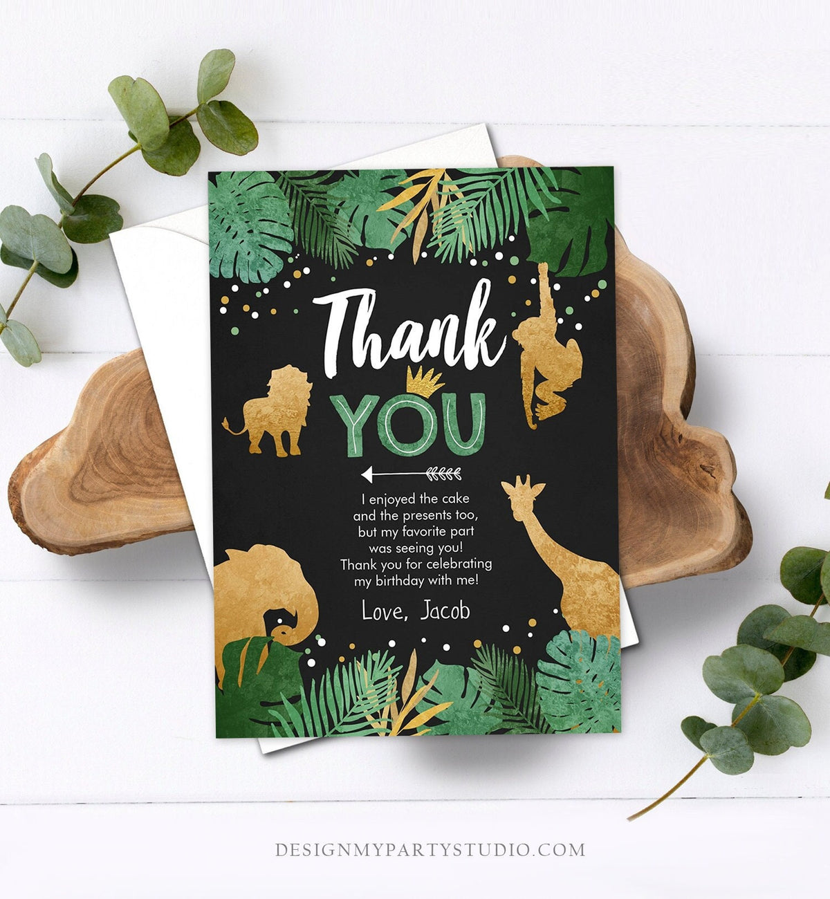 Editable Thank You Card Safari Animals Wild One Thank You Note Black Gold Photo Boy Jungle Zoo Animals Printable Corjl Template Digital 0016