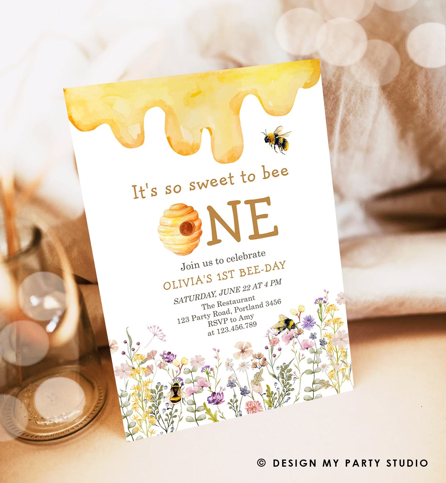 Editable Sweet to Bee One Invitation First Bee-Day Party 1st Bee Day Honey Girl First Birthday Bumble Bee Invitation Digital Corjl 0502