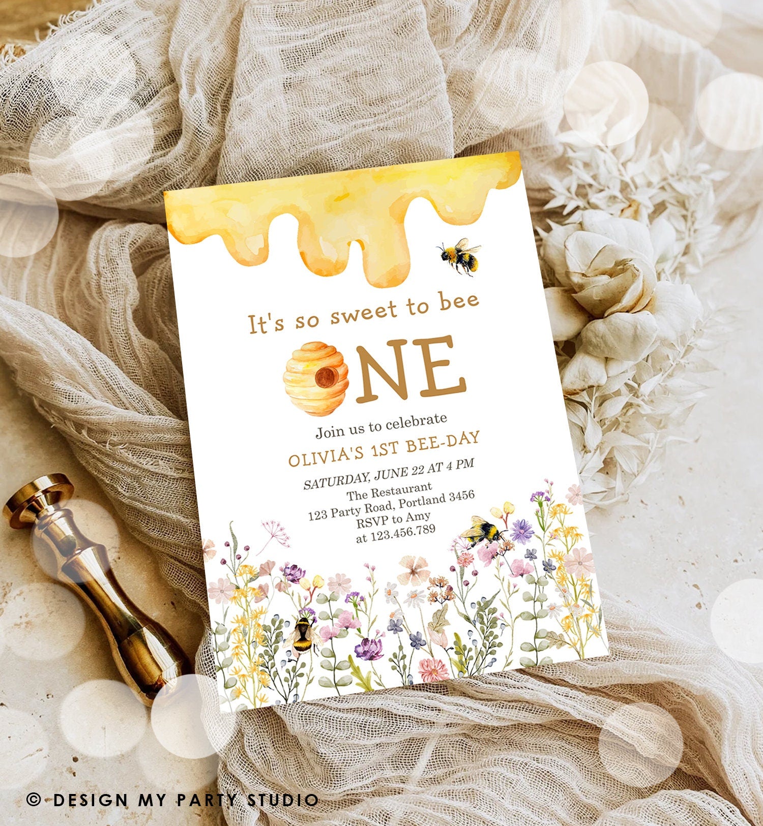 Editable Sweet to Bee One Invitation First Bee-Day Party 1st Bee Day Honey Girl First Birthday Bumble Bee Invitation Digital Corjl 0502