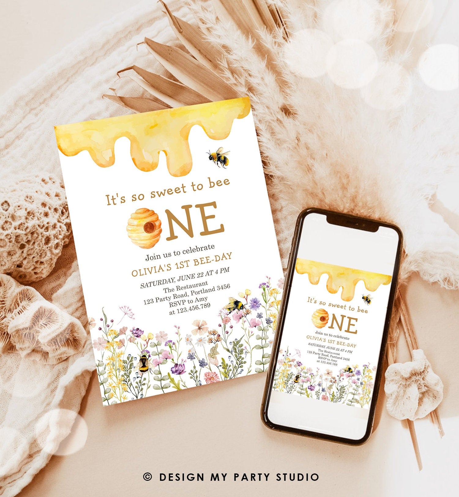 Editable Sweet to Bee One Invitation First Bee-Day Party 1st Bee Day Honey Girl First Birthday Bumble Bee Invitation Digital Corjl 0502