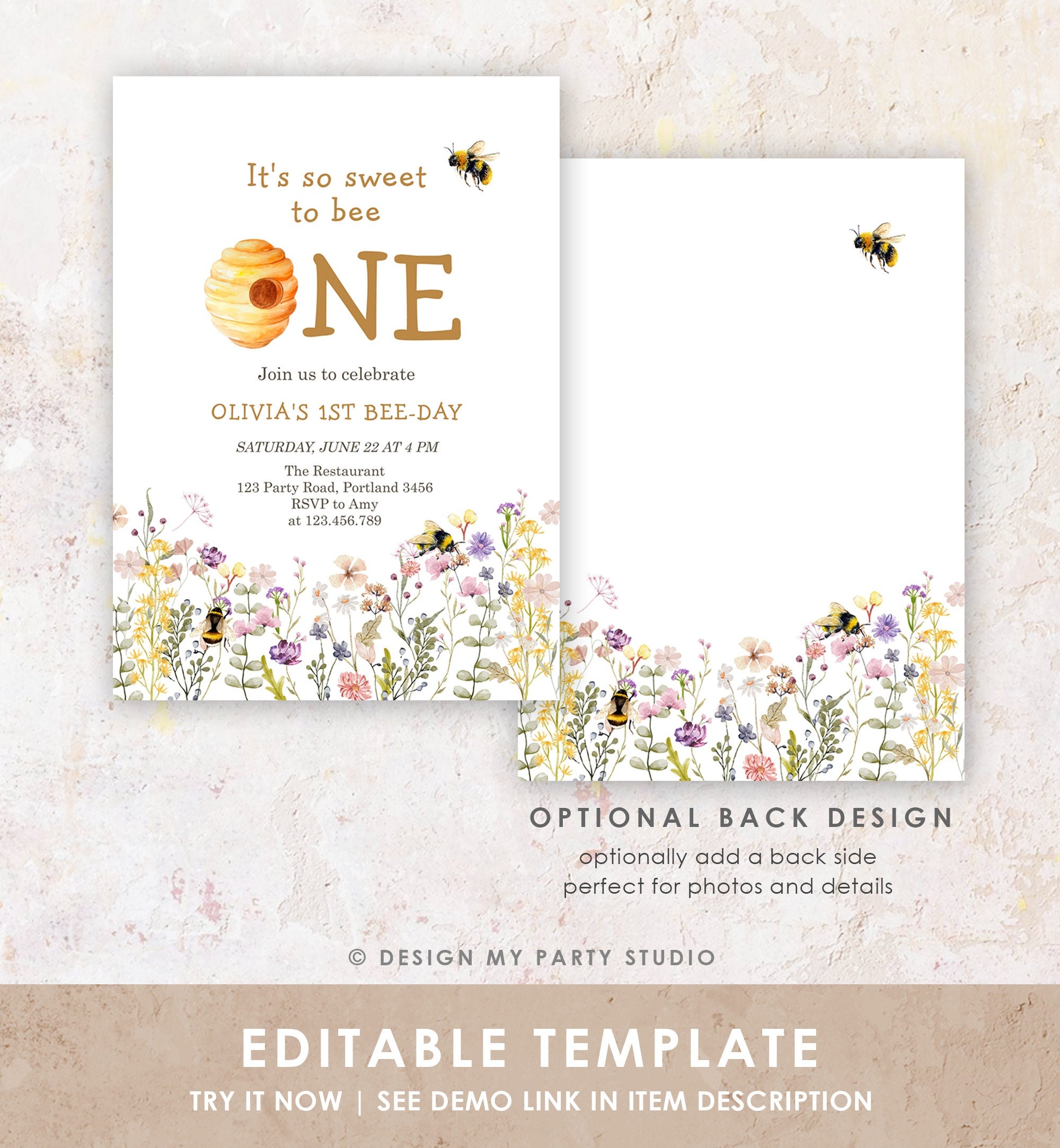 Editable Sweet to Bee One Invitation First Bee-Day Party 1st Bee Day Honey Girl First Birthday Bumble Bee Invitation Digital Corjl 0502