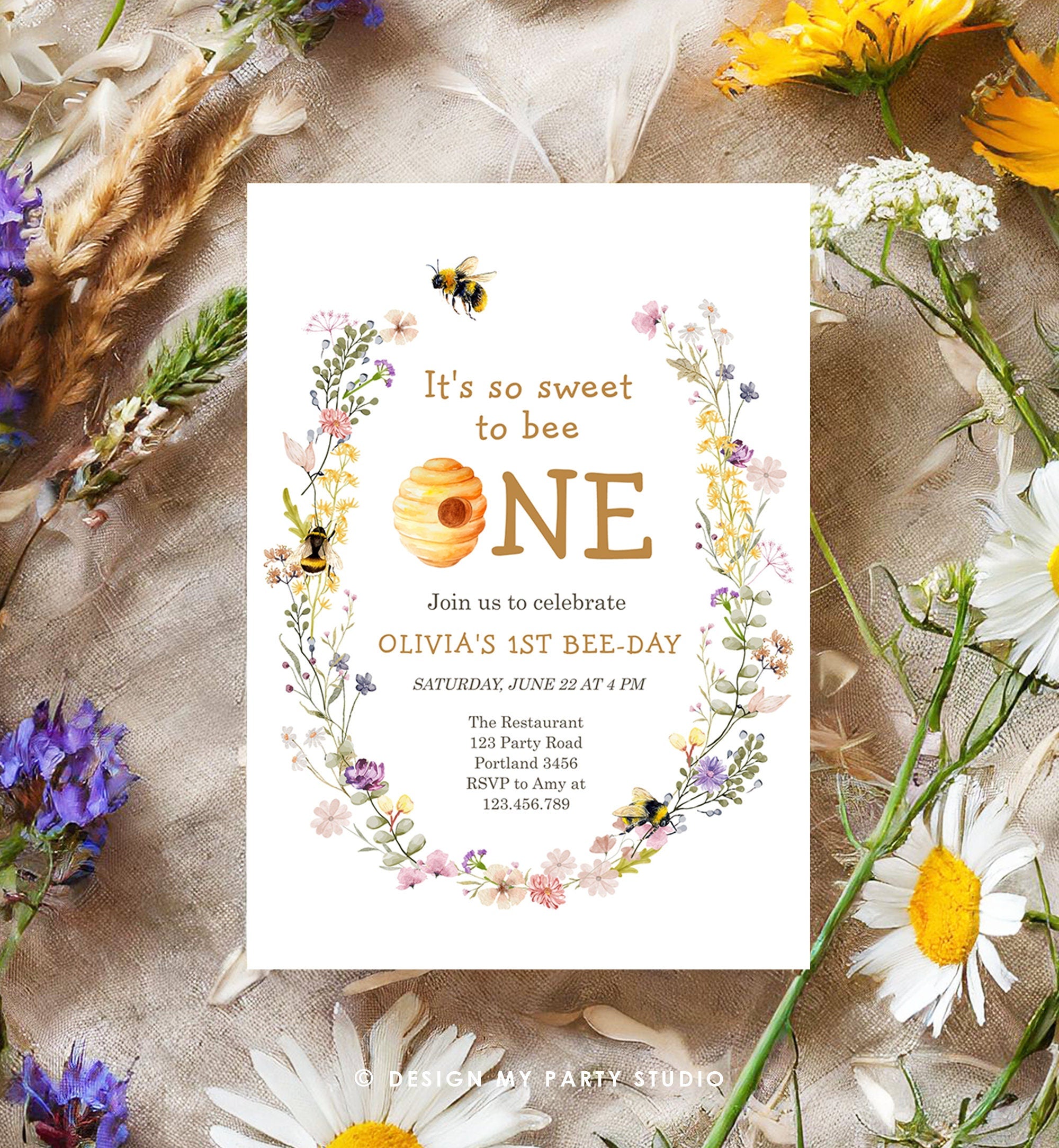 Editable Sweet to Bee One Invitation First Bee-Day Party 1st Bee Day Honey Girl First Birthday Bumble Bee Invitation Digital Corjl 0502