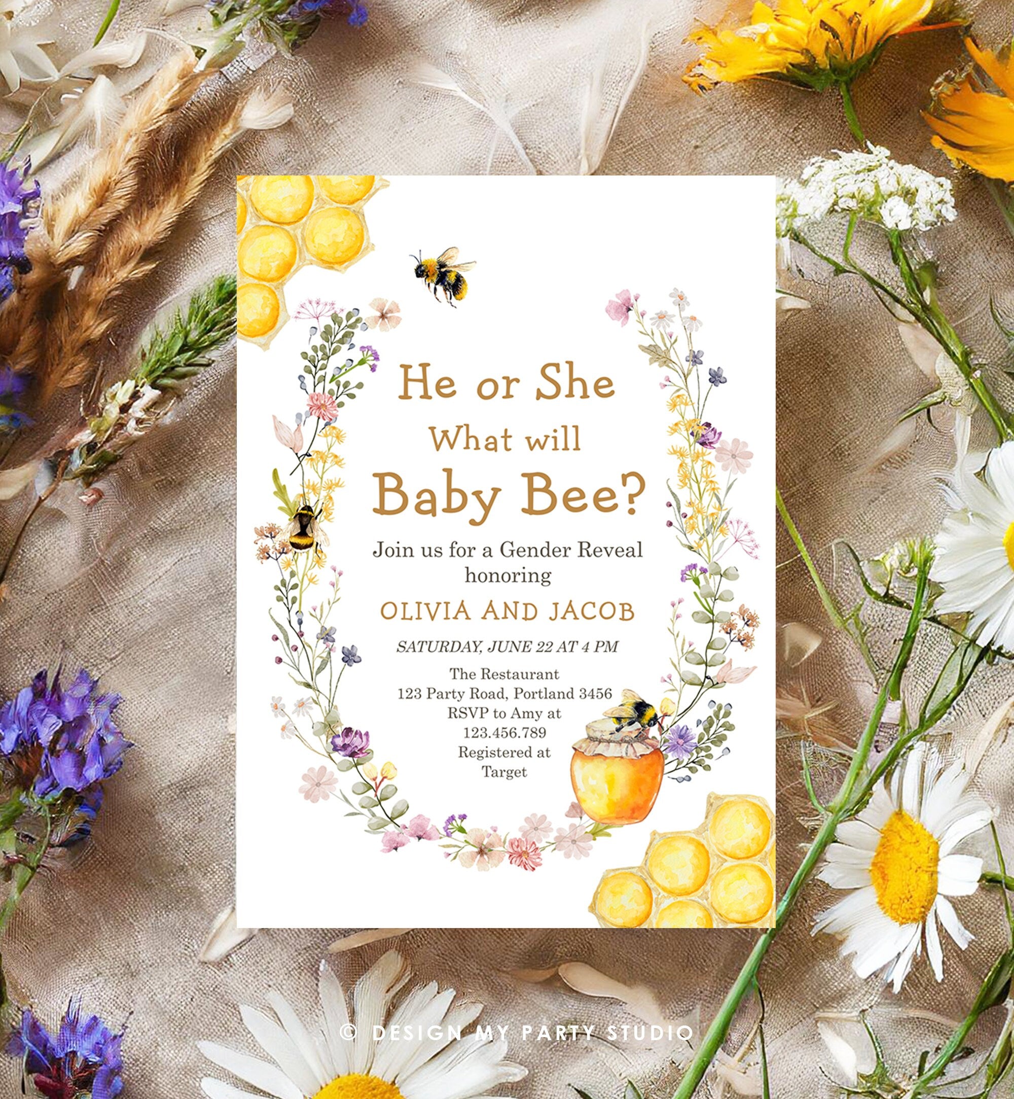 Editable Bee Gender Reveal Invitation What Will Baby Bee Invitation Gender Neutral Honey Instant Download Template Digital Corjl 0502