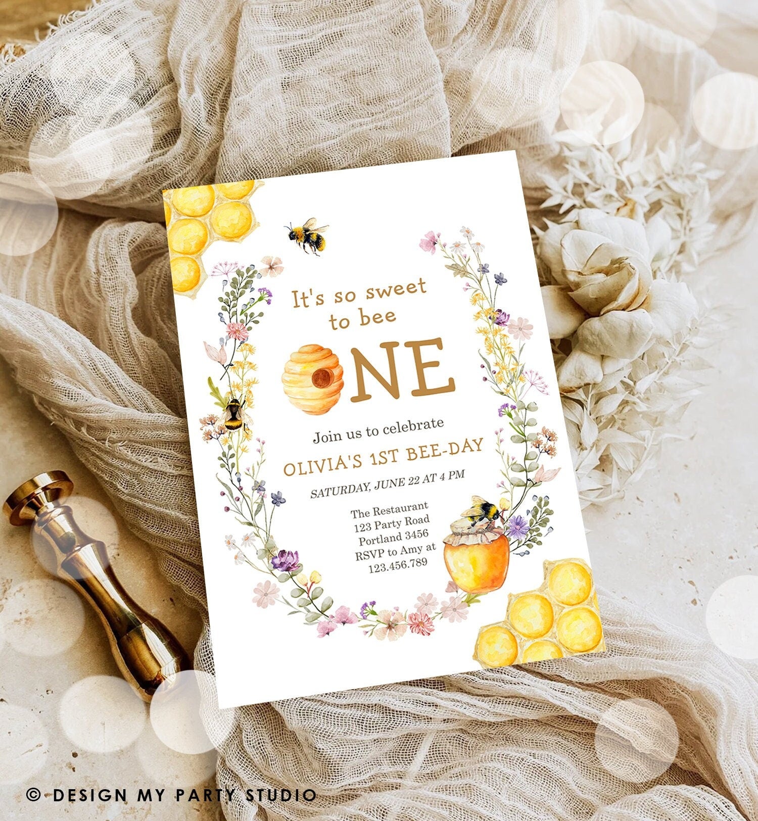 Editable Sweet to Bee One Invitation First Bee-Day Party 1st Bee Day Honey Girl First Birthday Bumble Bee Invitation Digital Corjl 0502