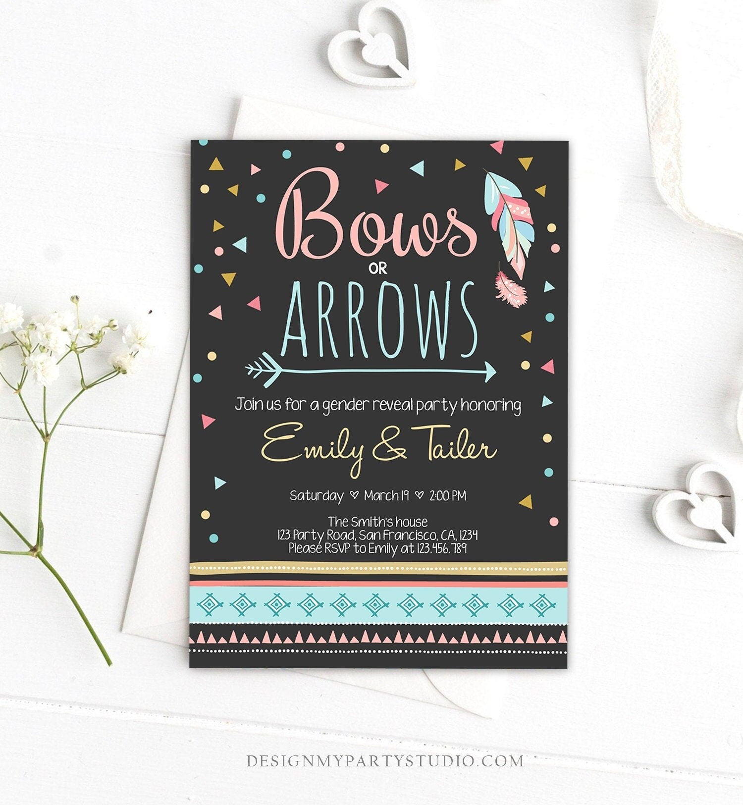 Editable Gender Reveal Invitation Bows or Arrows Tribal Boy or Girl He or She Blue or Pink Invitation Template Instant Download Corjl 0284