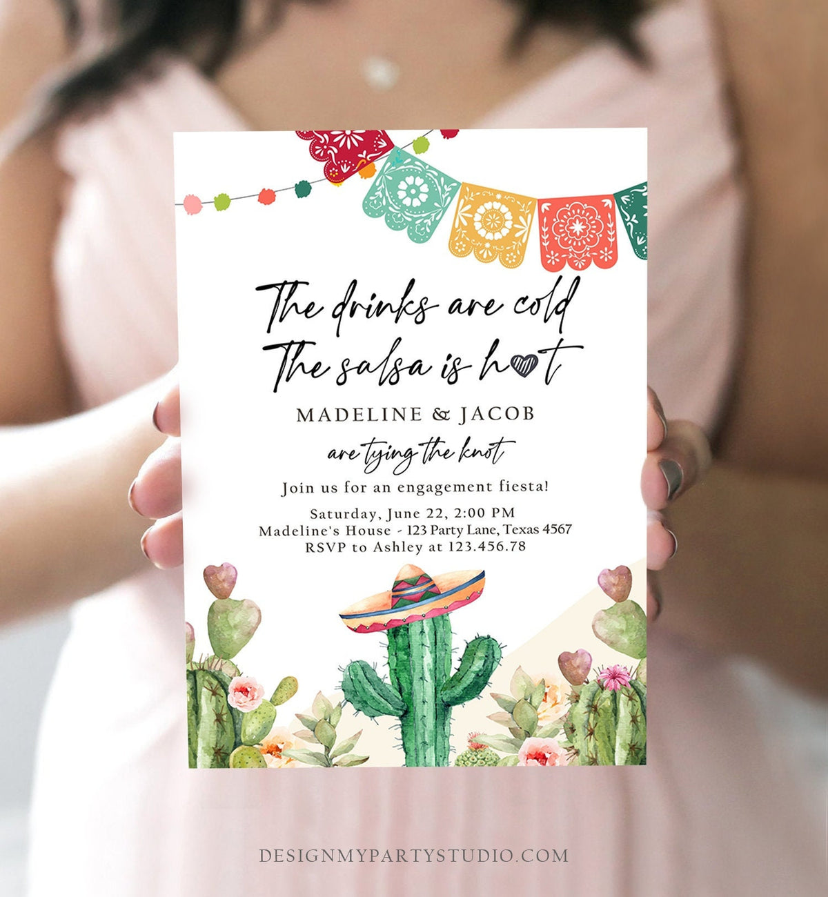 Editable Fiesta Engagement Invitation Couples Shower Bridal Mexican Cactus Succulent Desert Floral Printable Invitation Template Corjl 0404