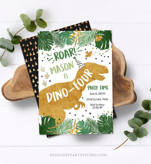 Editable Dino-Four Dinosaur Birthday Invitation Dino T-Rex Boy Fourth Birthday 4th RAWR ROAR Green Gold Prehistoric Corjl Template 0146