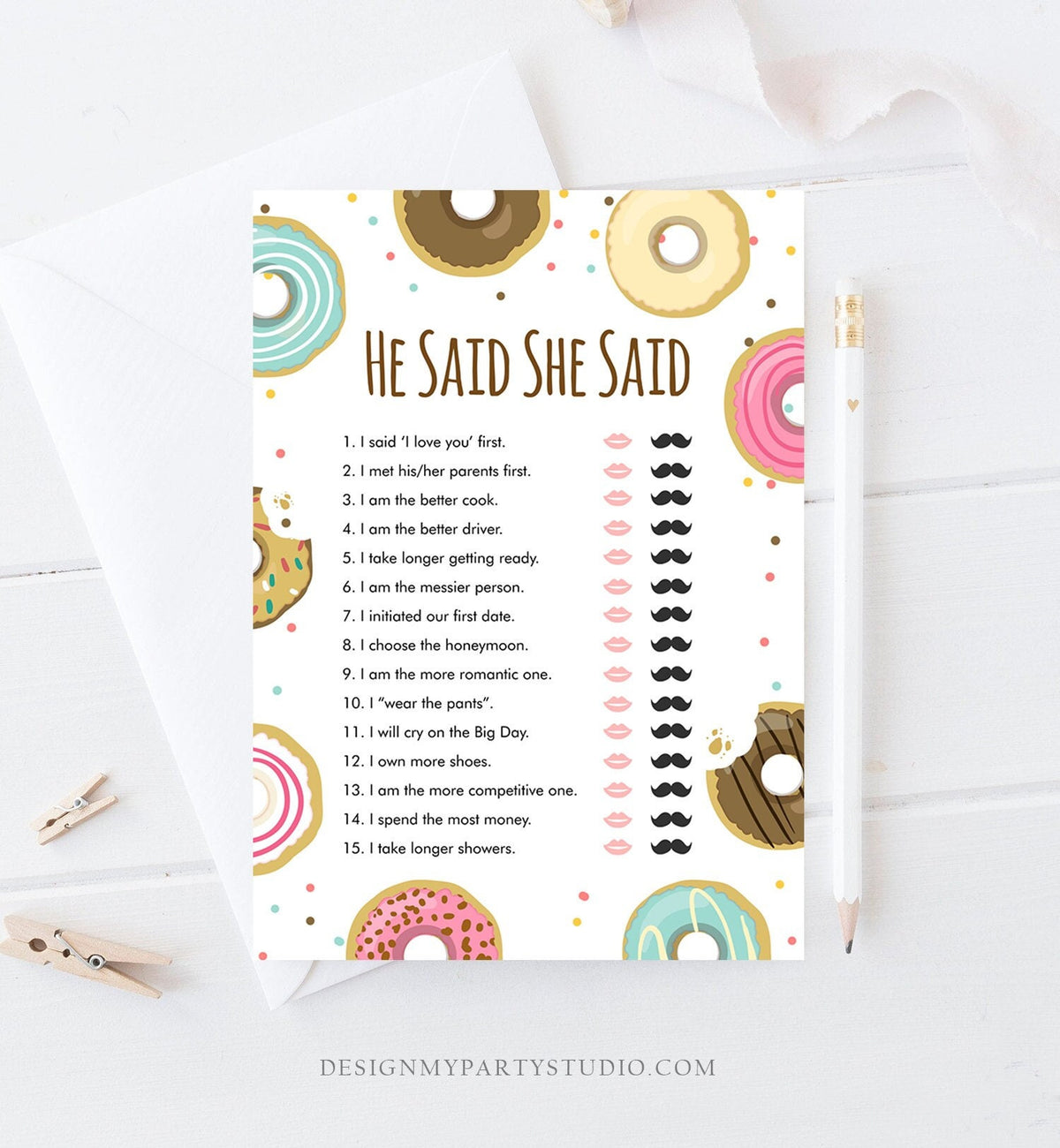 Editable He Said She Said Donut Bridal Shower Game Bride Groom Coed Doughnut Mind if I Do Wedding Activity Corjl Template Printable 0050