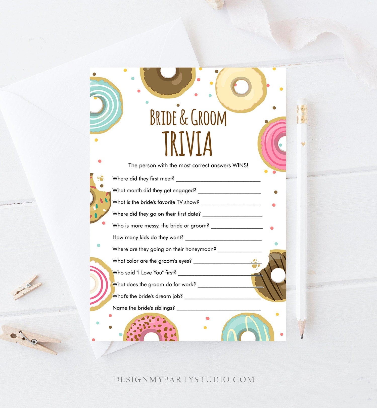 Editable Bride and Groom Trivia Bridal Shower Game Donut Coed Shower Doughnut Mind if I Do Wedding Activity Corjl Template Printable 0050