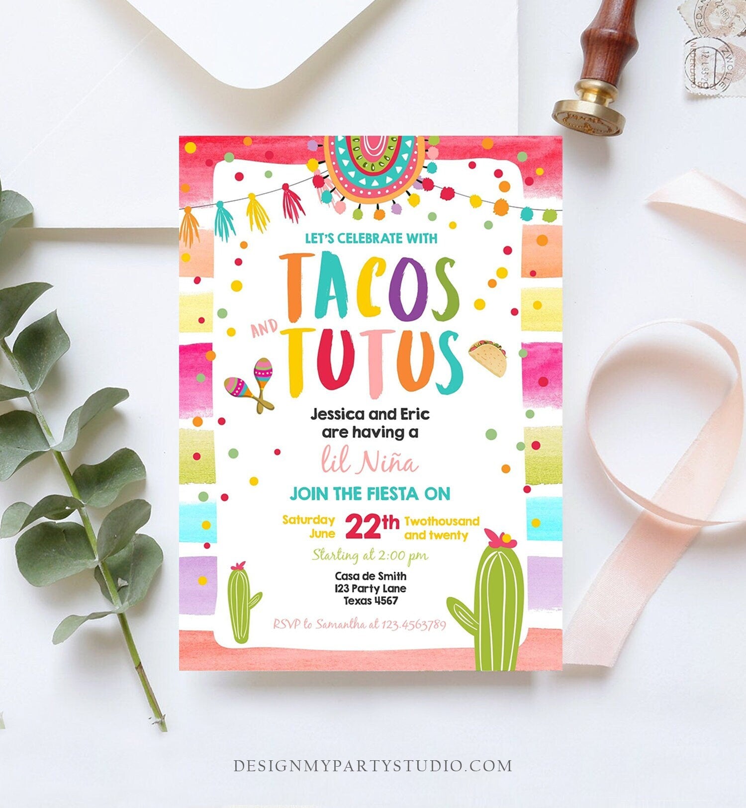 Editable Fiesta Baby Shower Invitation Tacos and Tutus Cactus Mexican Fiesta Couples Shower Taco Sprinkle Digital Template Printable 0134