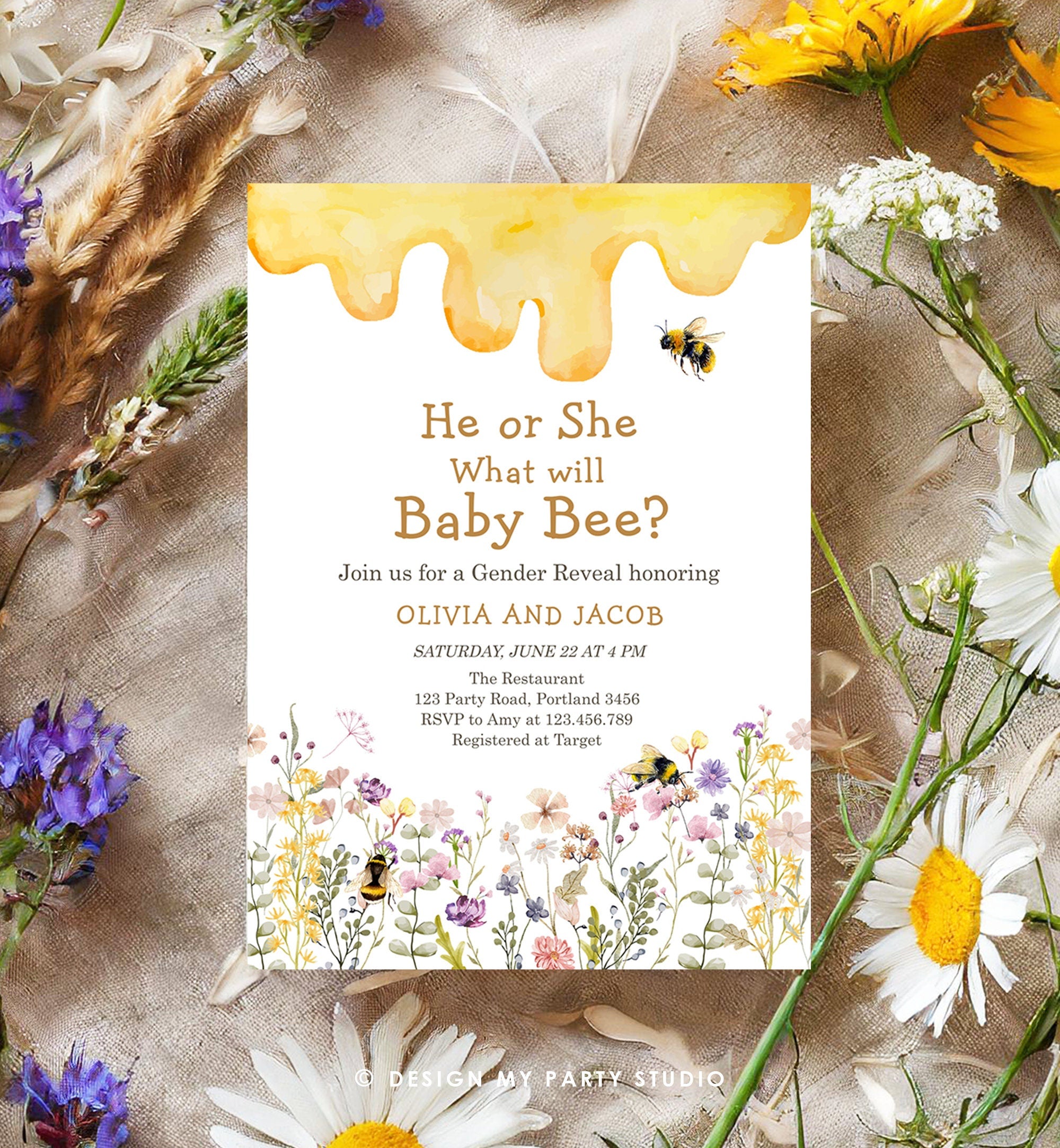 Editable Bee Gender Reveal Invitation What Will Baby Bee Invitation Gender Neutral Honey Digital Download Evite Template Printable 0502