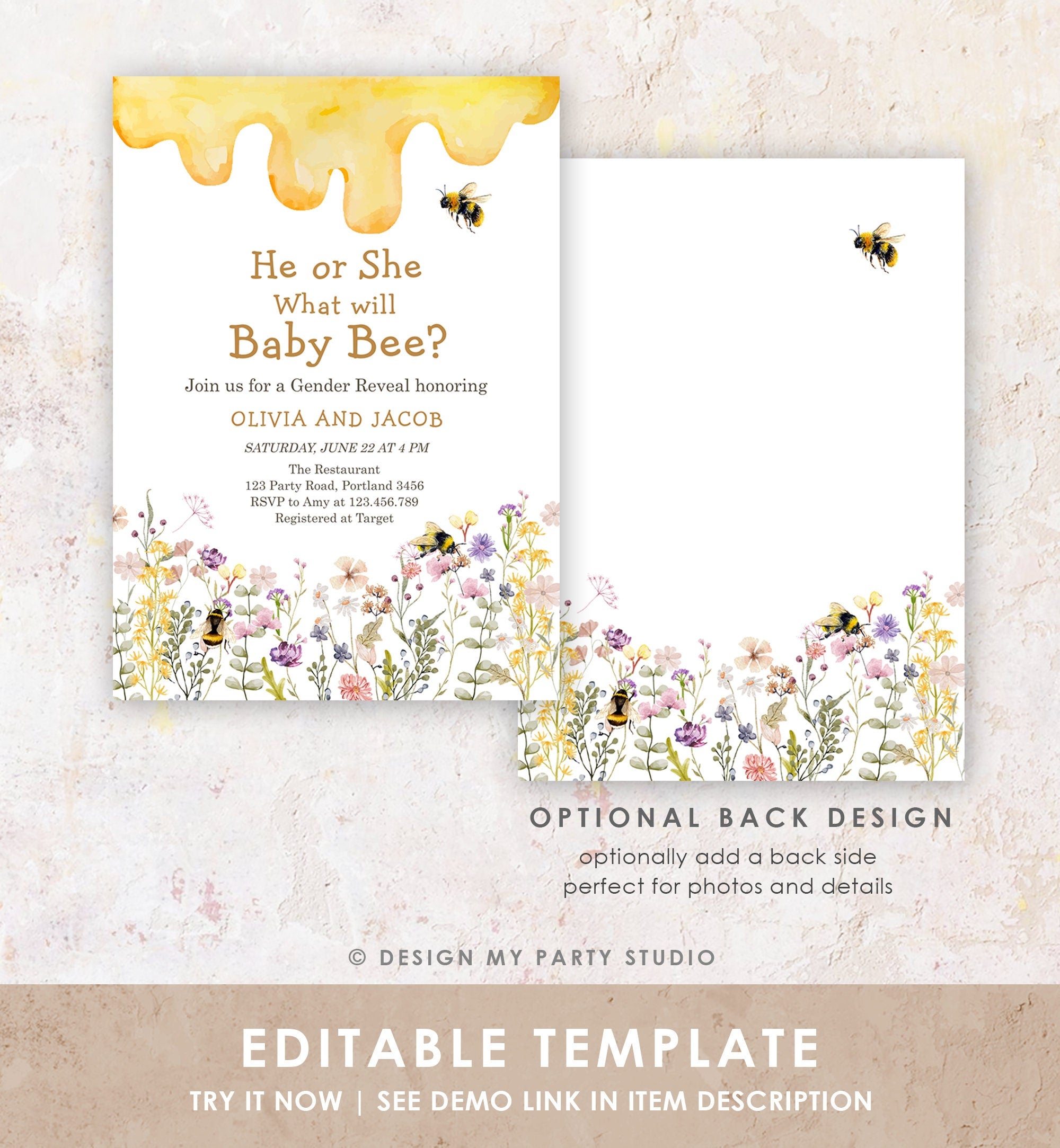 Editable Bee Gender Reveal Invitation What Will Baby Bee Invitation Gender Neutral Honey Digital Download Evite Template Printable 0502