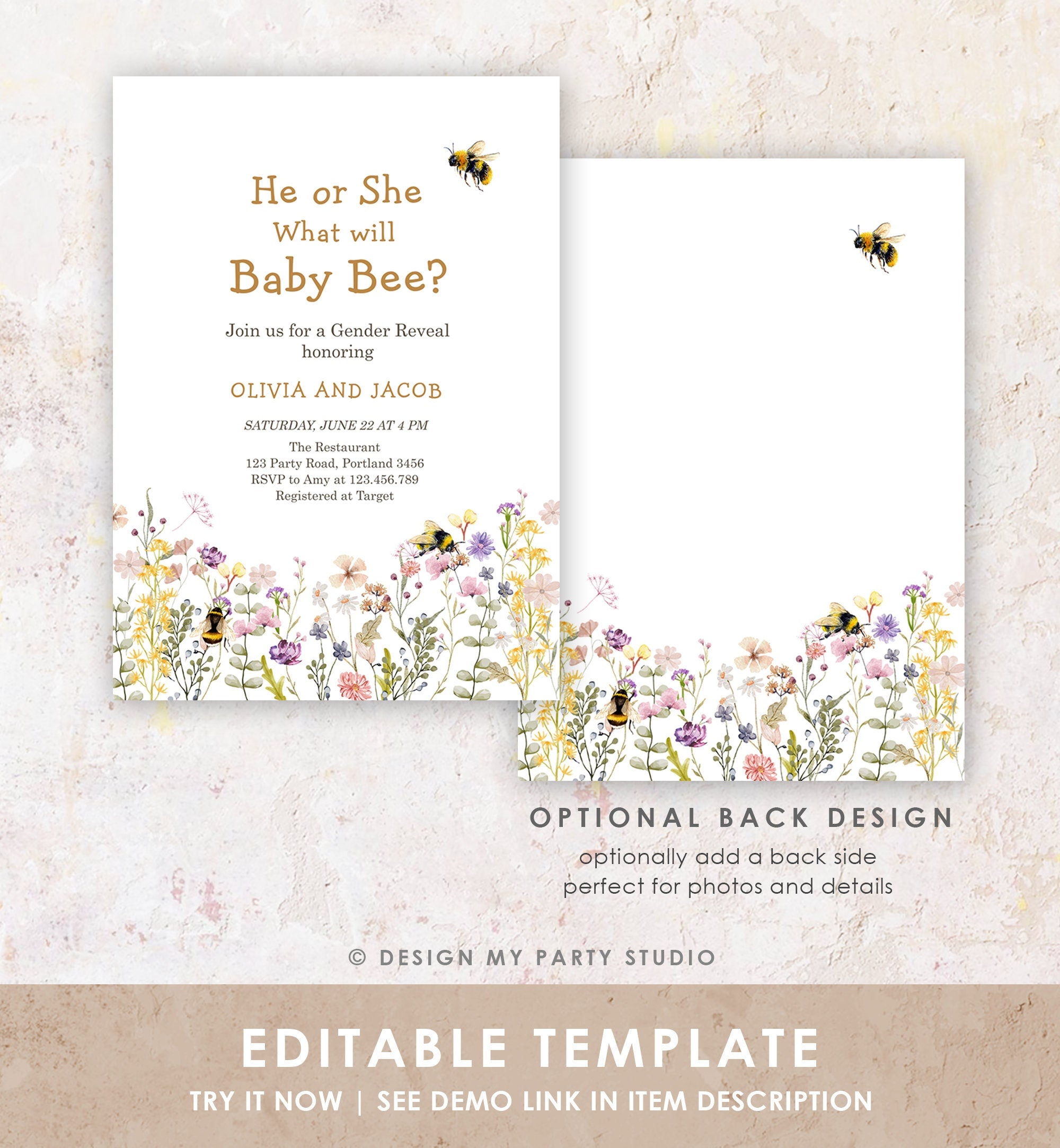 Editable Bee Gender Reveal Invitation What Will Baby Bee Invitation Gender Neutral Honey Instant Download Template Digital Corjl 0502