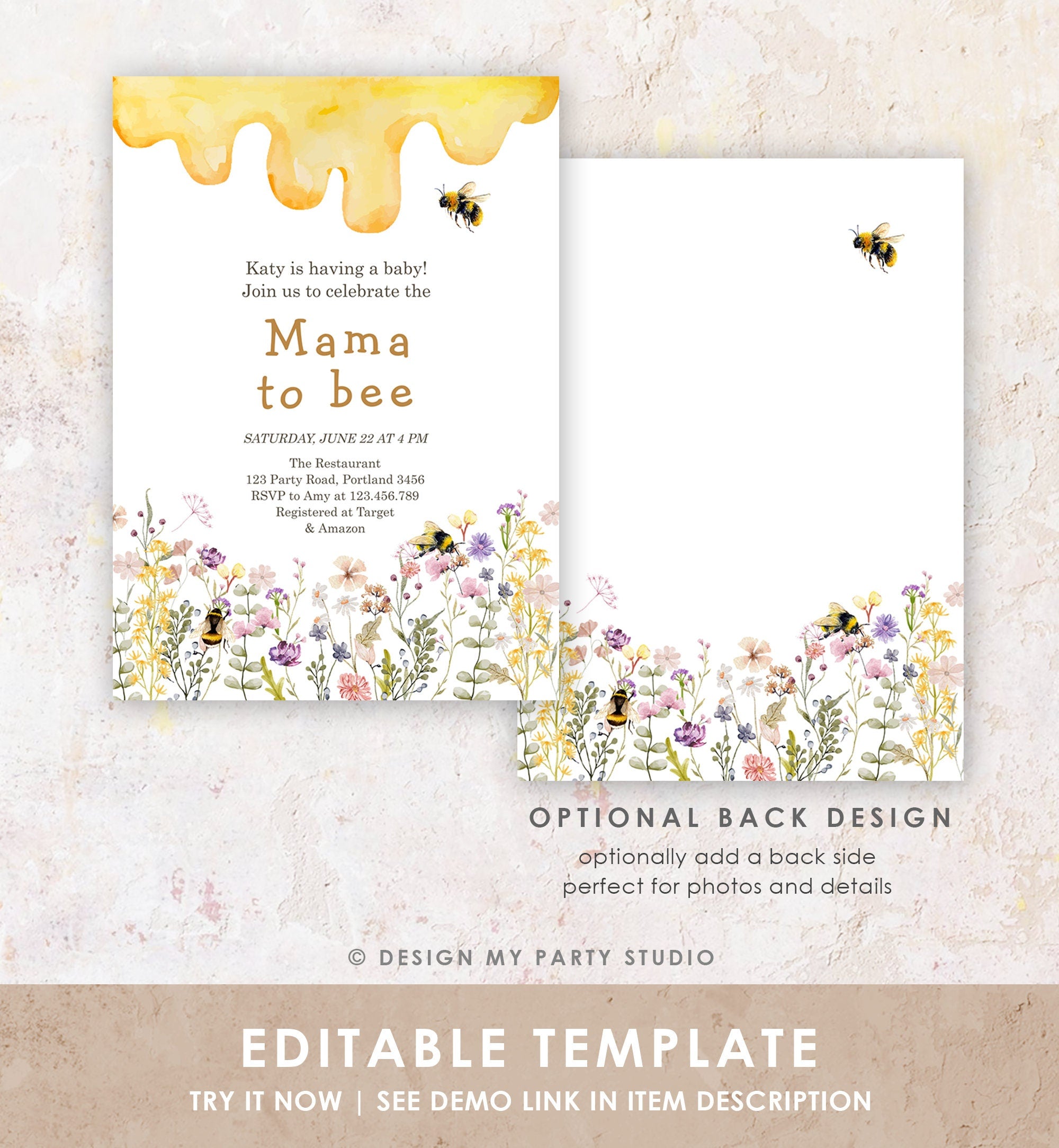 Editable Mama to Bee Invitation Wildflower Baby Shower Bee Honey Boho Mommy to Bee Summer Instant Download Template Digital Corjl 0502