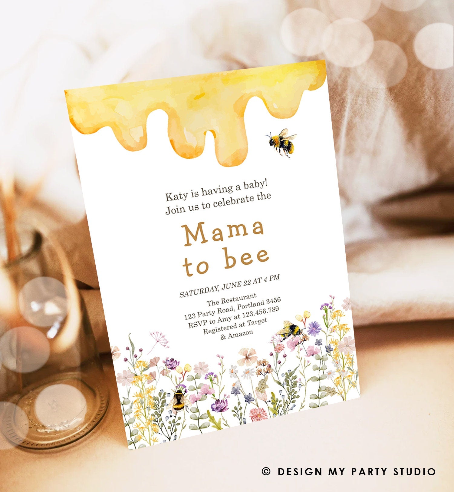 Editable Mama to Bee Invitation Wildflower Baby Shower Bee Honey Boho Mommy to Bee Summer Instant Download Template Digital Corjl 0502