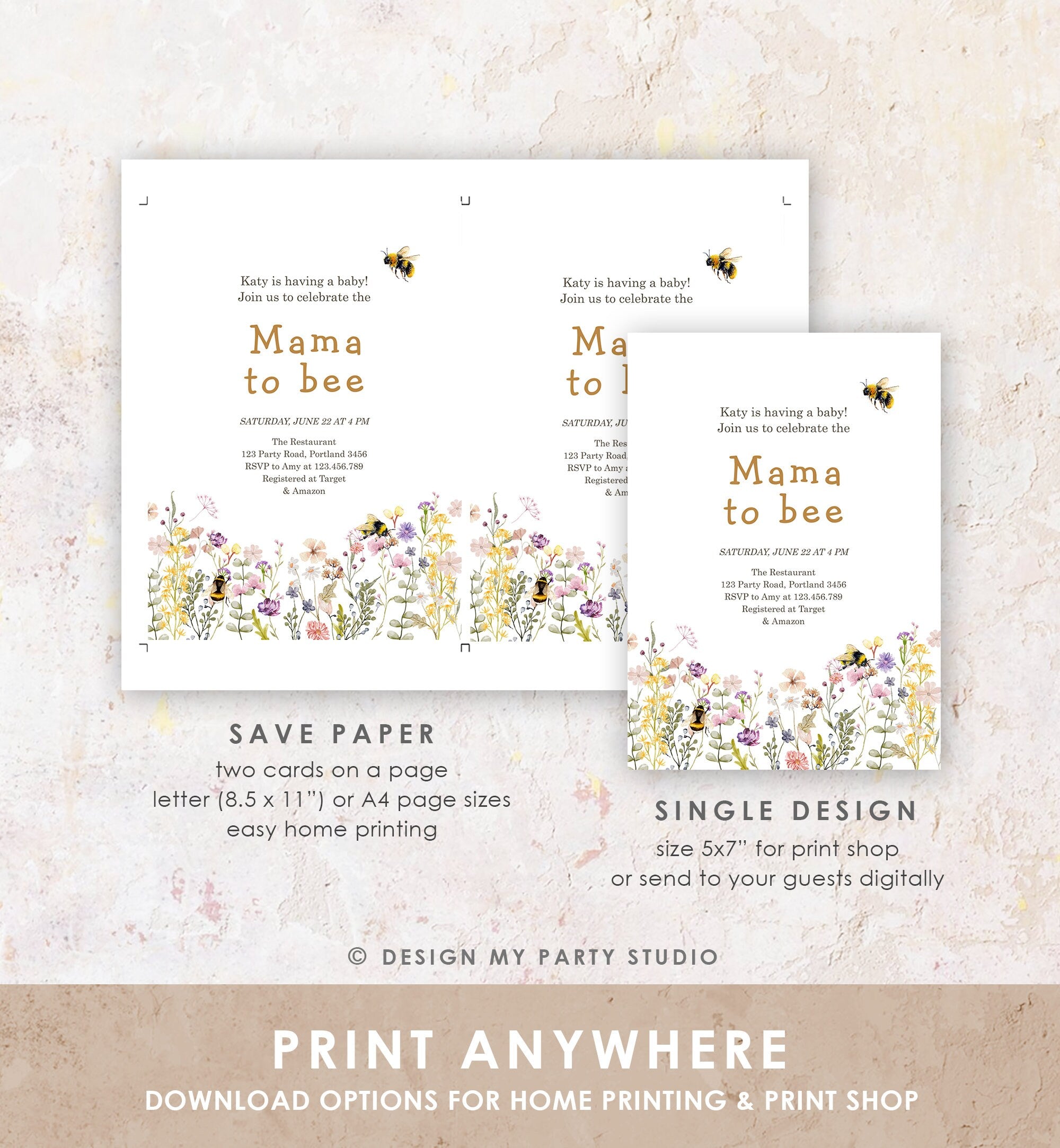 Editable Mama to Bee Invitation Wildflower Baby Shower Bee Honey Boho Mommy to Bee Summer Instant Download Template Digital Corjl 0502