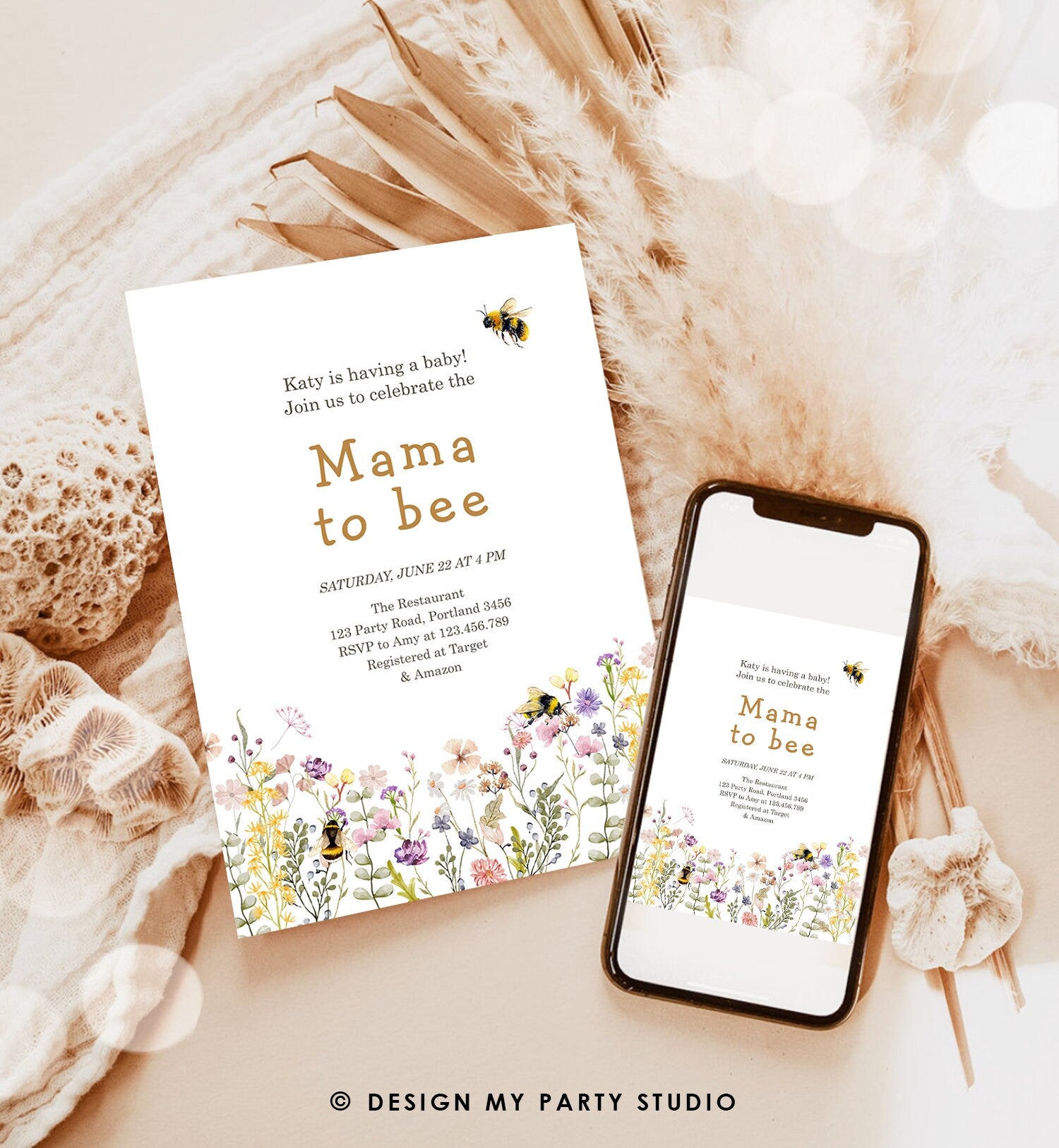 Editable Mama to Bee Invitation Wildflower Baby Shower Bee Honey Boho Mommy to Bee Summer Instant Download Template Digital Corjl 0502