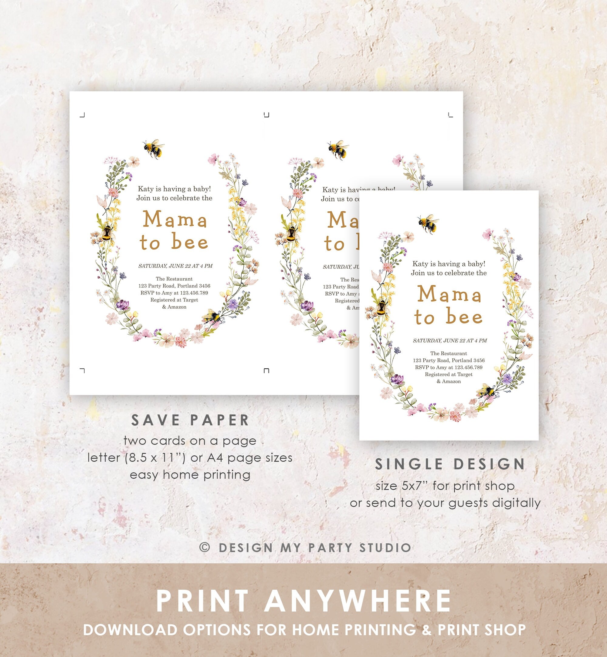 Editable Mama to Bee Invitation Wildflower Baby Shower Bee Honey Boho Mommy to Bee Summer Instant Download Template Digital Corjl 0502