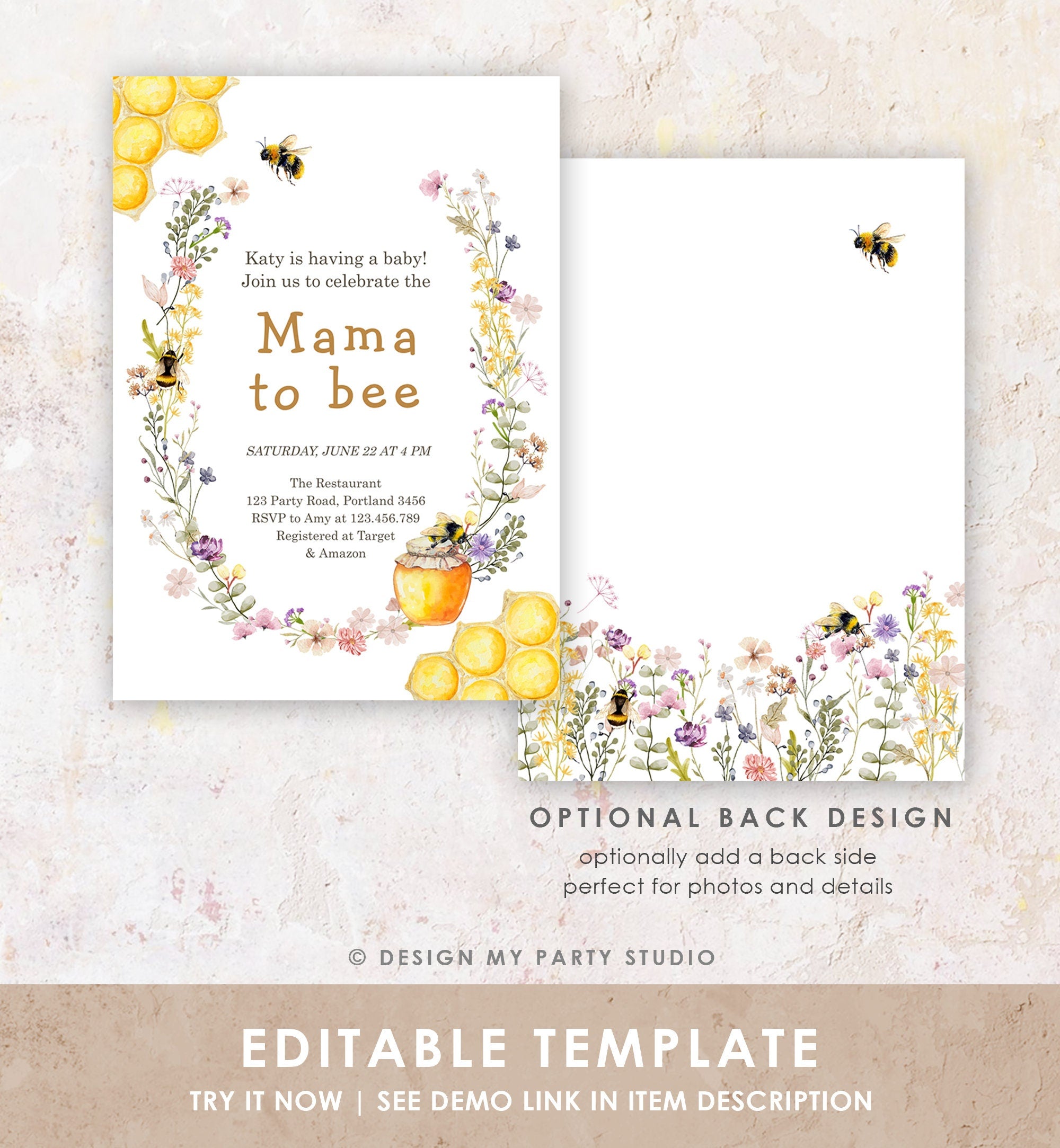 Editable Mama to Bee Invitation Wildflower Baby Shower Bee Honey Boho Mommy to Bee Summer Instant Download Template Digital Evite 0502