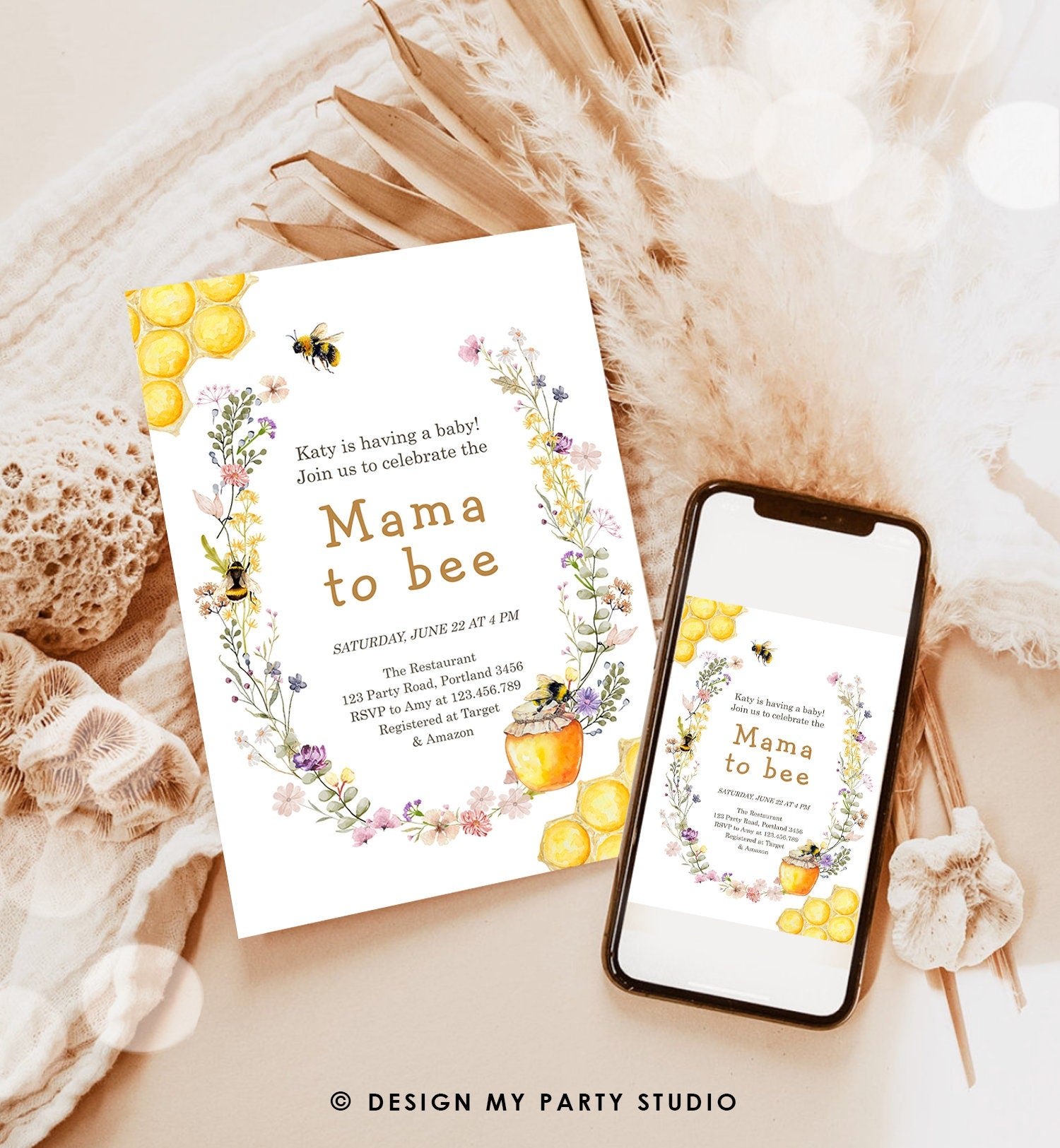 Editable Mama to Bee Invitation Wildflower Baby Shower Bee Honey Boho Mommy to Bee Summer Instant Download Template Digital Evite 0502