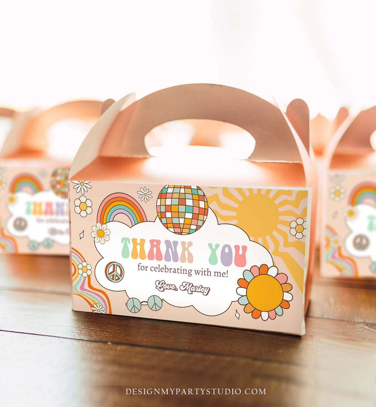 Editable Groovy Birthday Party Gable Box Favor Label Hippie 70&#39;s Gift Box Labels Boho Rainbow Daisy Two Groovy Download Printable Corjl 0459