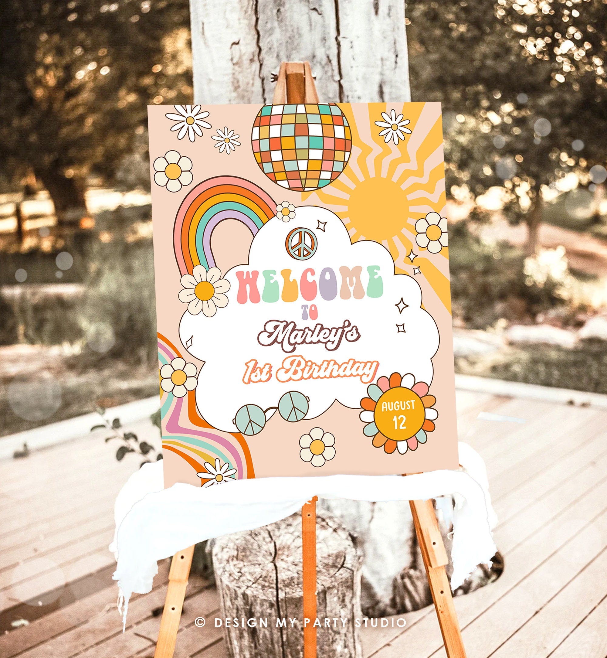 Editable Groovy Birthday Welcome Sign Floral Boho Birthday Welcome Sign Retro 70's Hippie Festival Download Template Corjl PRINTABLE 0459