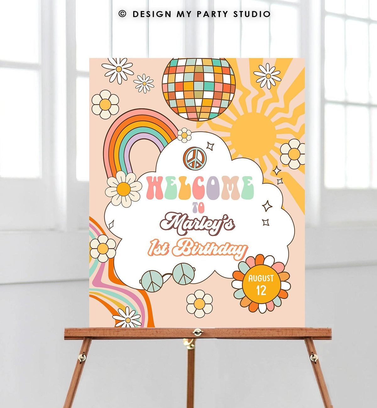 Editable Groovy Birthday Welcome Sign Floral Boho Birthday Welcome Sign Retro 70&#39;s Hippie Festival Download Template Corjl PRINTABLE 0459