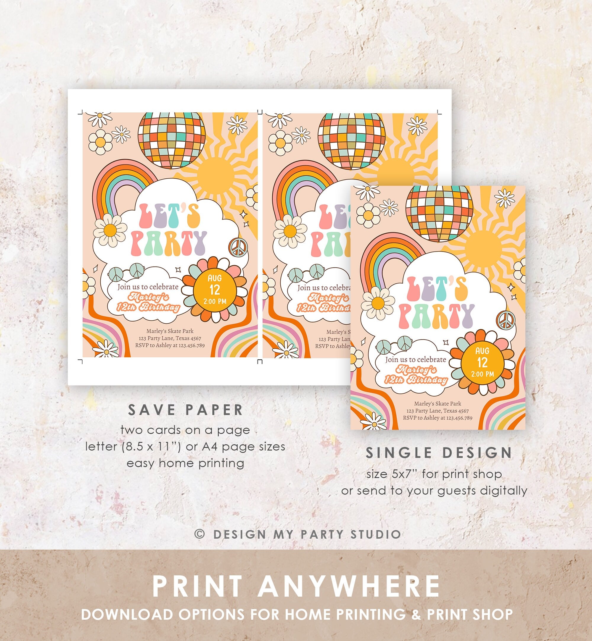 Editable Groovy Birthday Party Invitation Let's Party Birthday Hippie Boho Retro Flower Power 70's Girl Download Template Corjl Digital 0459