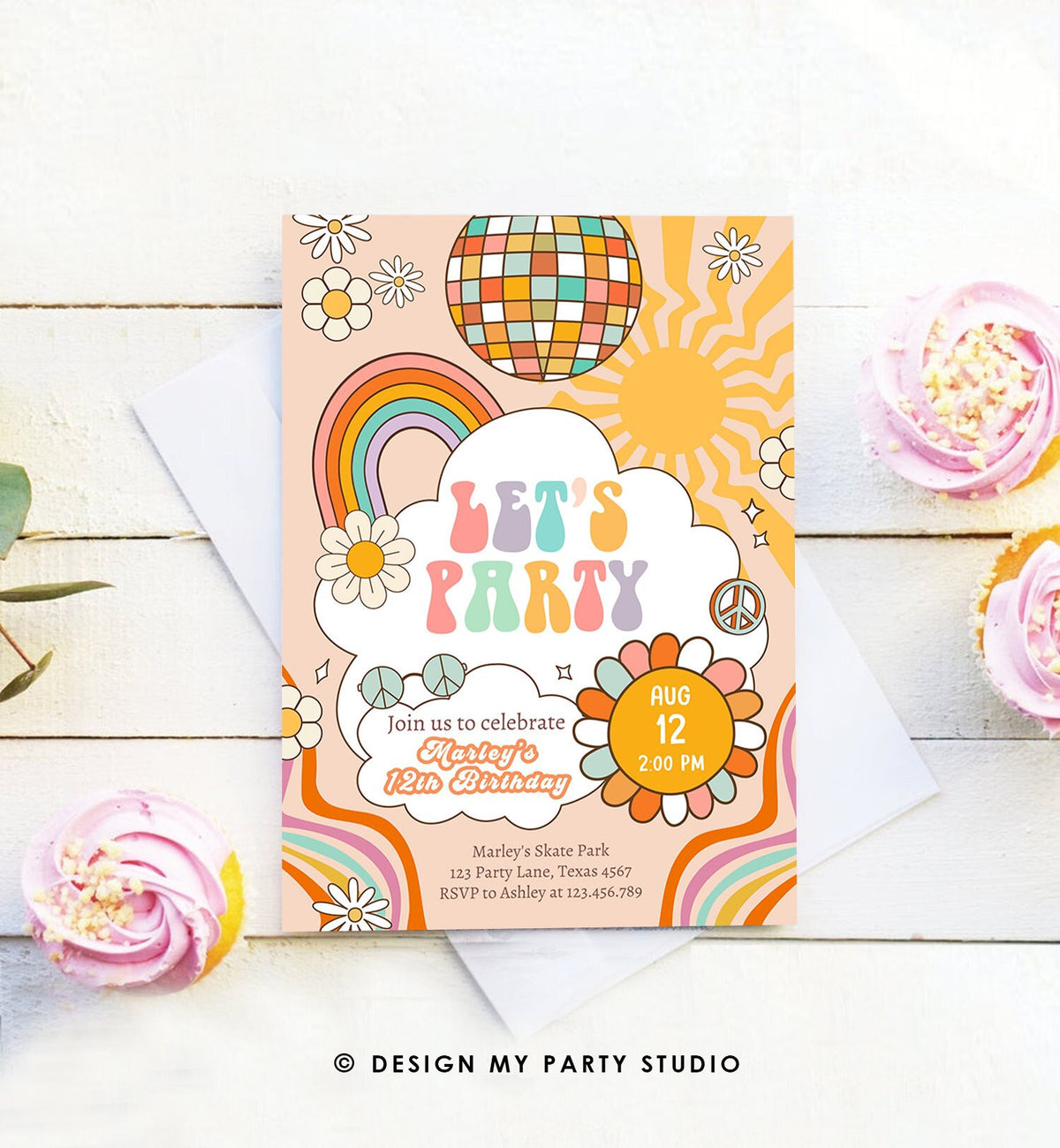 Editable Groovy Birthday Party Invitation Let&#39;s Party Birthday Hippie Boho Retro Flower Power 70&#39;s Girl Download Template Corjl Digital 0459