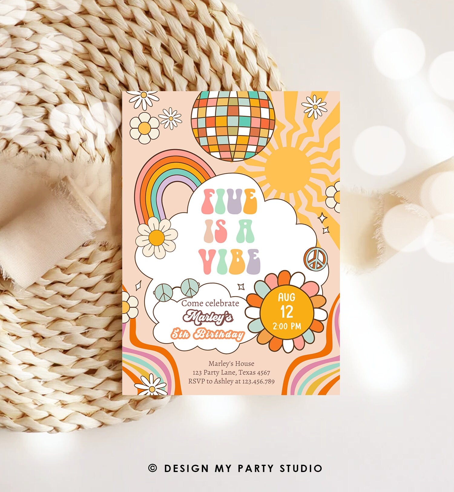 Editable Five Is A Vibe Groovy Birthday Invitation 5th Birthday Retro Invite Rainbow Peace Love Party Download Template Corjl Digital 0459