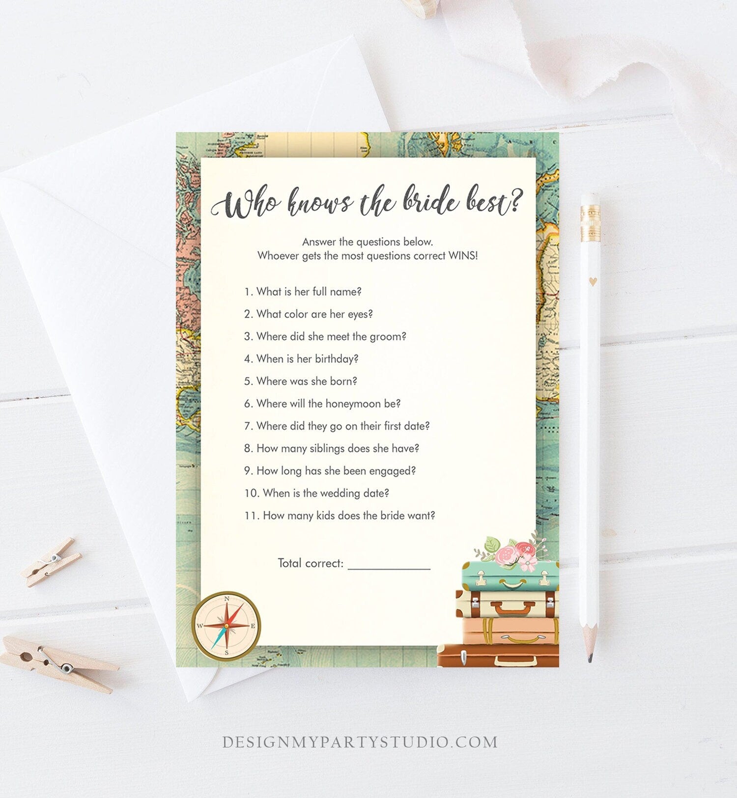 Editable Who Knows the Bride Best Bridal Shower Game Travel Wedding Shower Activity Rustic Vintage Map Party Corjl Template Printable 0044