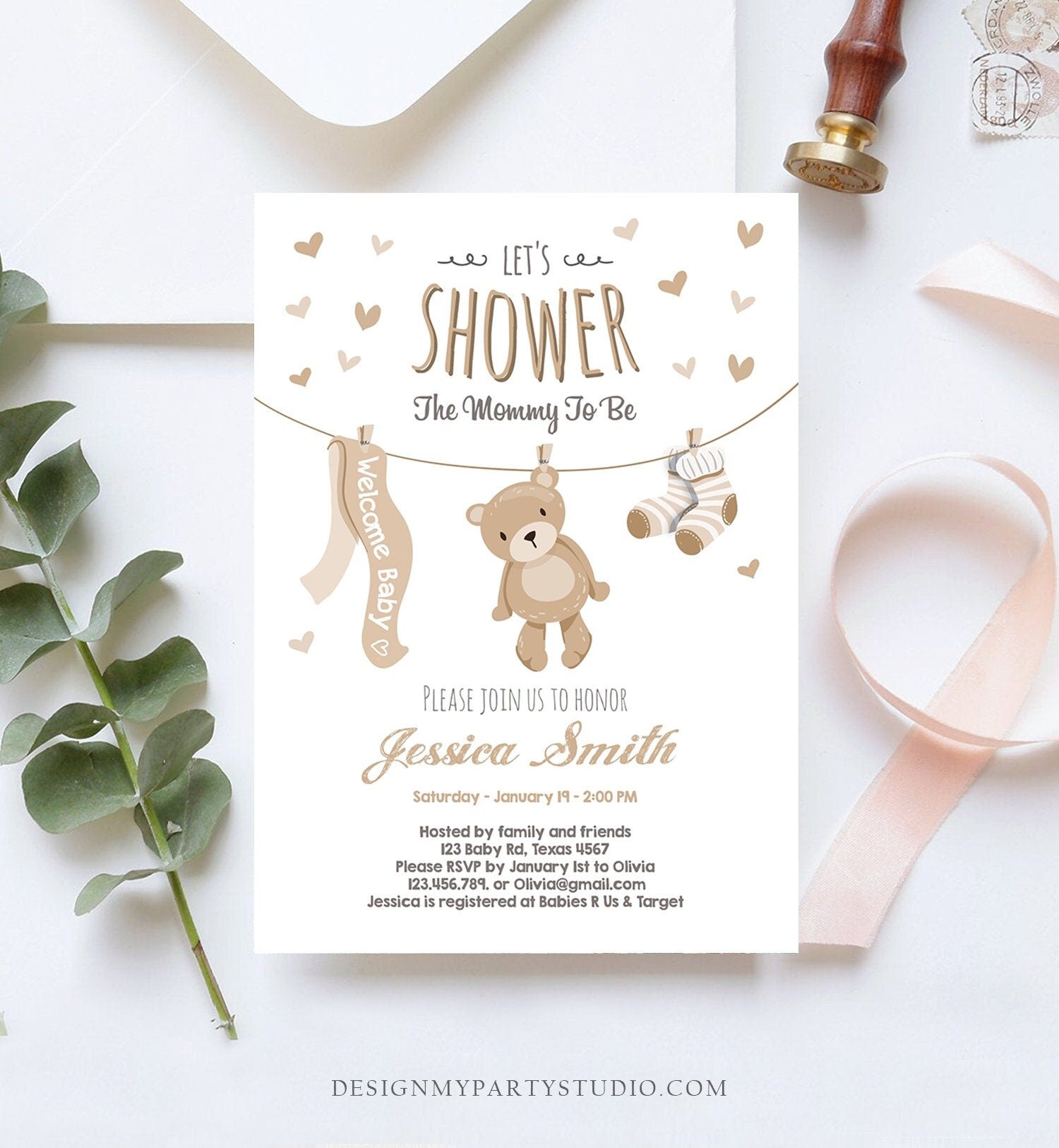 Editable Baby Shower Invitation Teddy Bear Cute baby Brown Unisex Bear Little Cub Clothes Invite Template Instant Download Corjl 0025