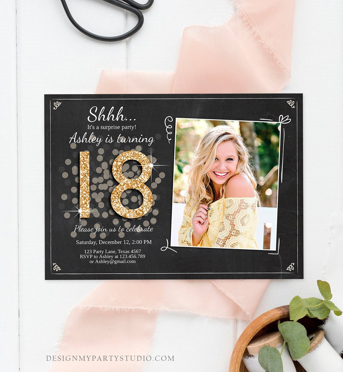 Editable ANY AGE Surprise Birthday Invitation Adult 18th Party Rustic Chalk Black Gold Glitter Photo Download Printable Corjl Template 0103