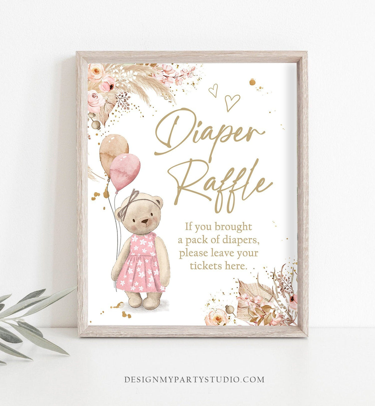 Diaper Raffle Sign Boho Teddy Bear Baby Shower Sign Boho Baby Shower Game Diaper Game Sign Table Pampas Grass Decor Girl Pink Printable 0421