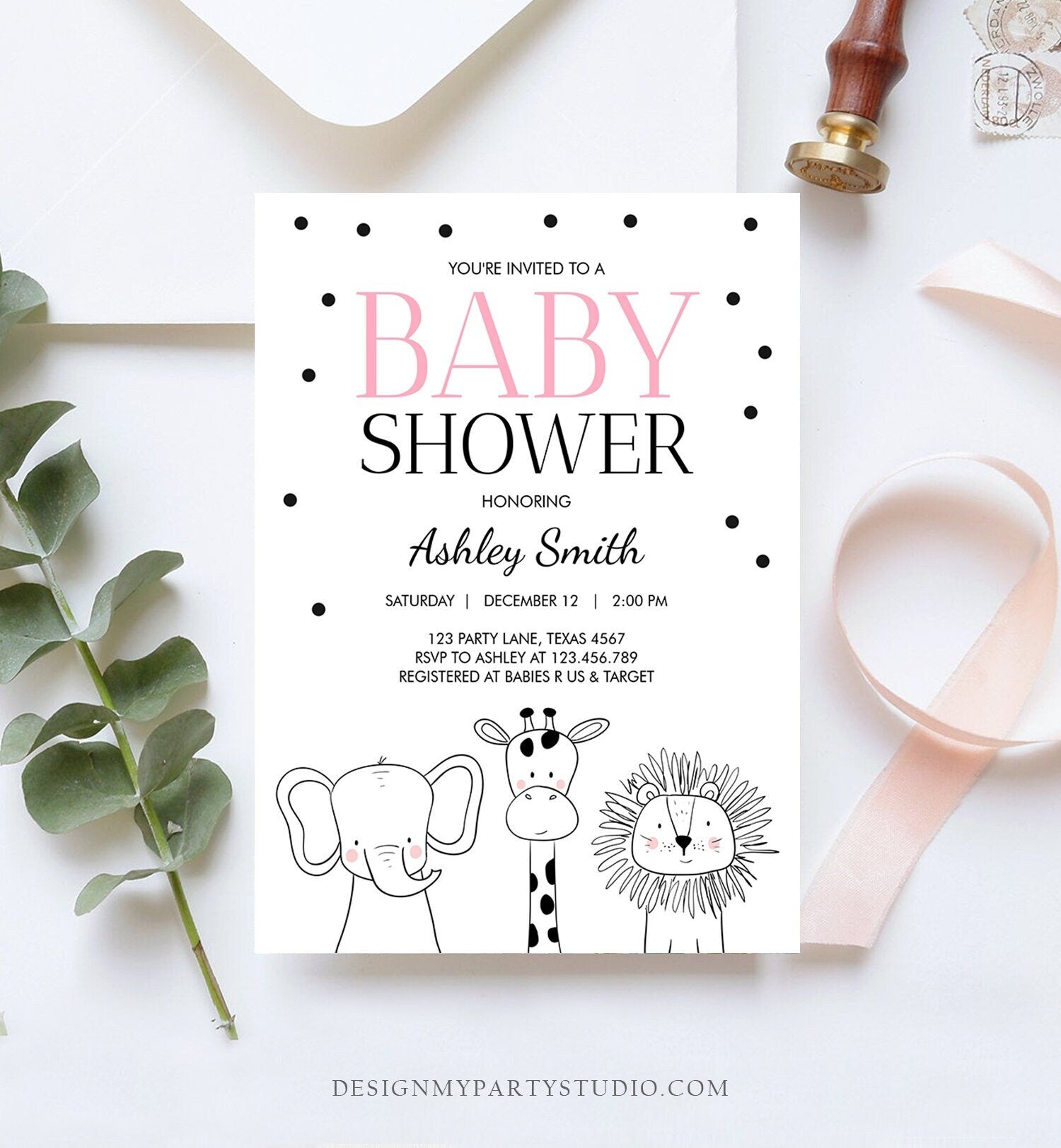 Editable Baby Shower Invitation Animals Cute Safari Animal Zoo Jungle Pink Girl Modern Baby Shower Template Download Digital Corjl 0039