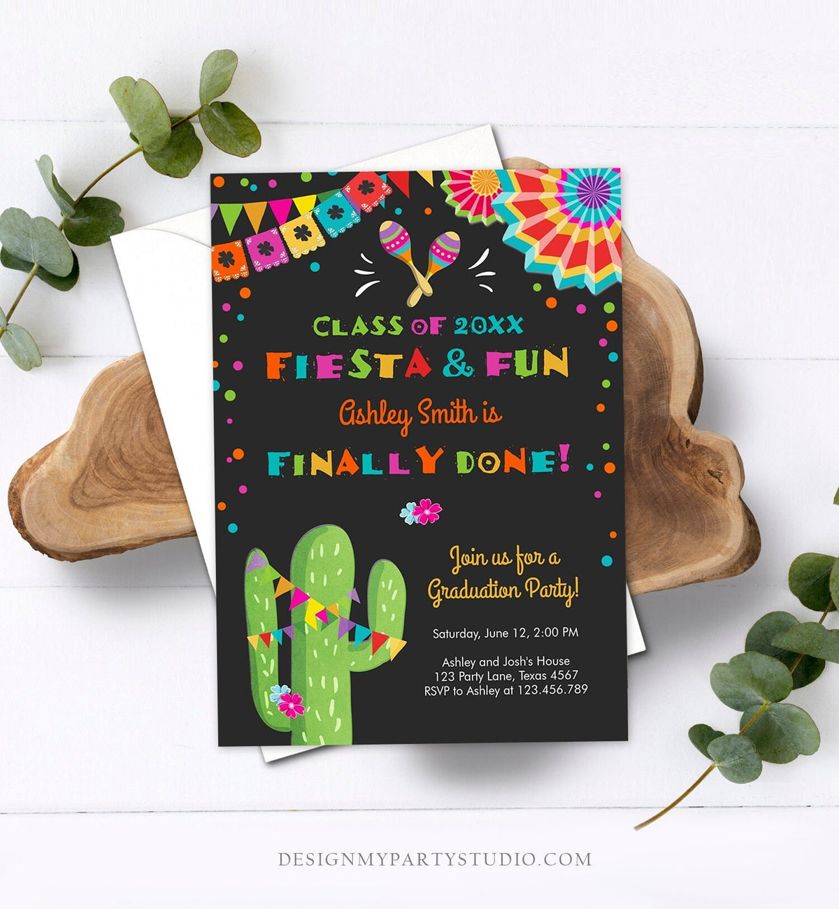 Editable Fiesta and Fun Graduation Party Invitation Finally Done Let&#39;s Fiesta Mexican High School College Degree Diploma Corjl Template 0045