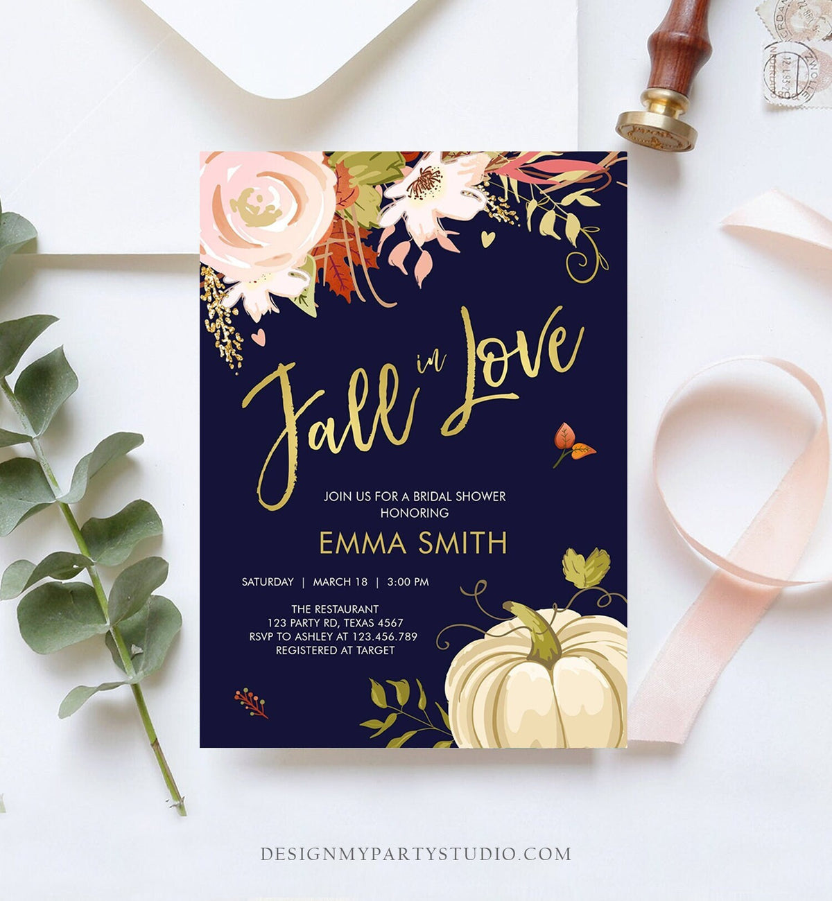 Editable Fall in Love Bridal Shower Invitation Pumpkin Autumn Floral Flowers Pink Gold Rustic Party Engagement Navy Blue Corjl Template 0176