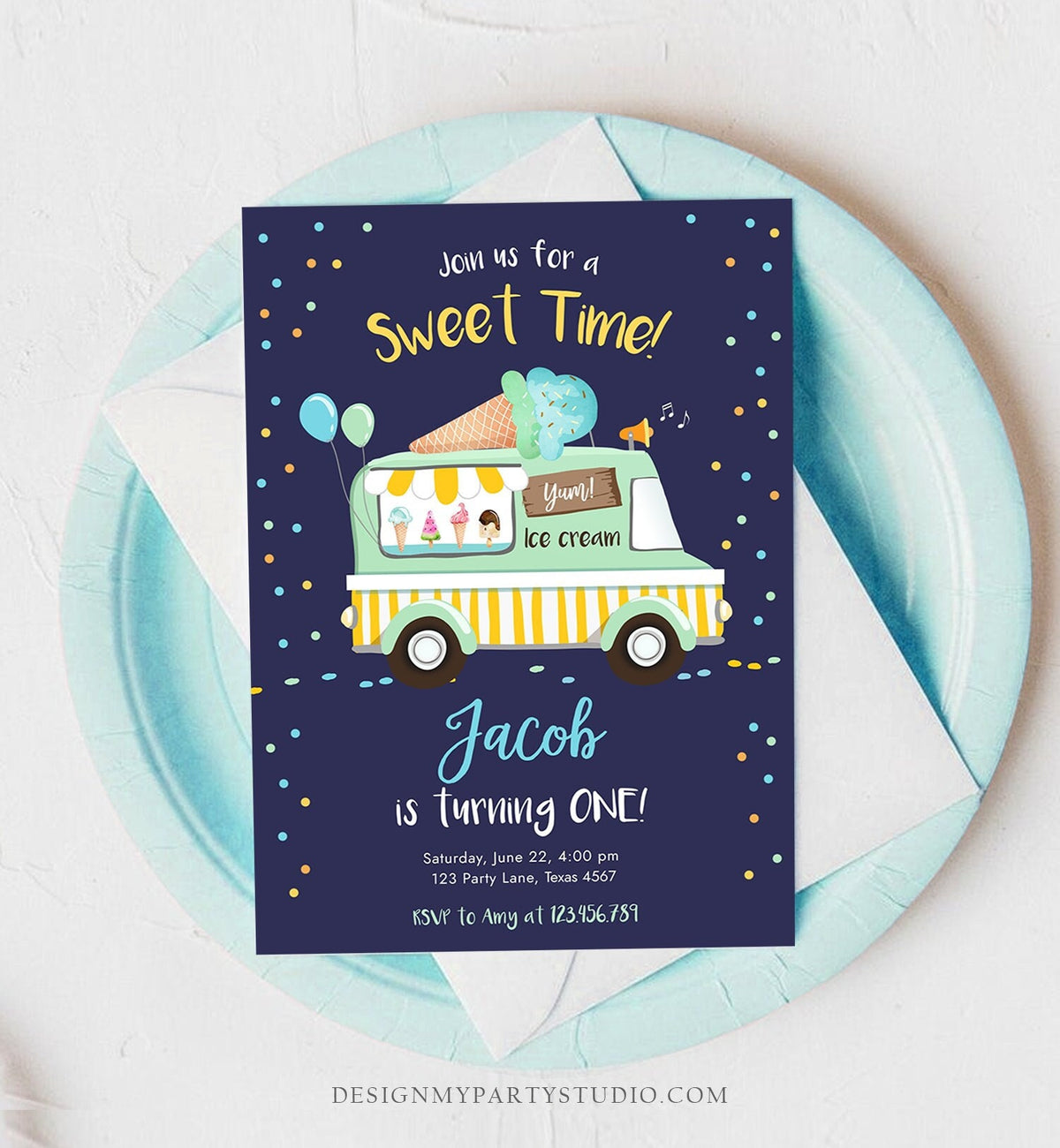 Editable Ice Cream Truck Birthday Invitation Ice Cream Birthday Party Cone Boy Girl Mint Yellow Summer Twin Corjl Template Printable 0243