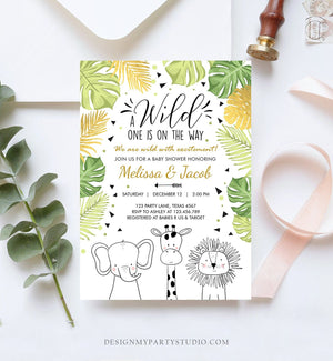 Editable Safari Animals Baby Shower Invitation Boy Girl Gender Neutral Wild One On the Way Jungle Zoo Animals Modern Corjl Template 0039