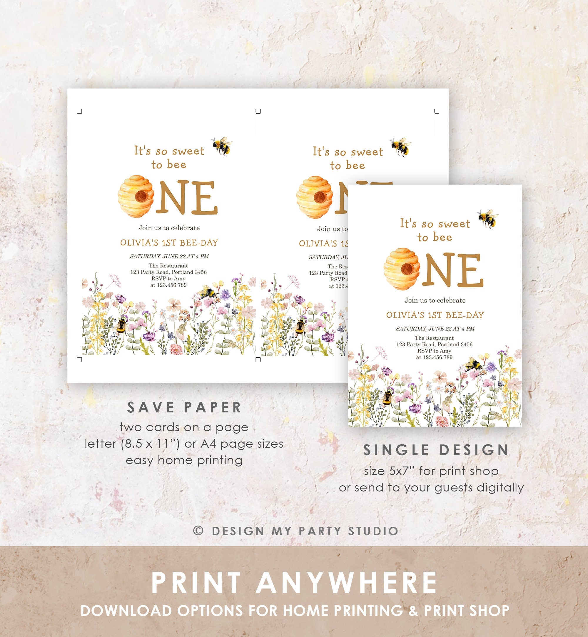 Editable Sweet to Bee One Invitation First Bee-Day Party 1st Bee Day Honey Girl First Birthday Bumble Bee Invitation Digital Corjl 0502