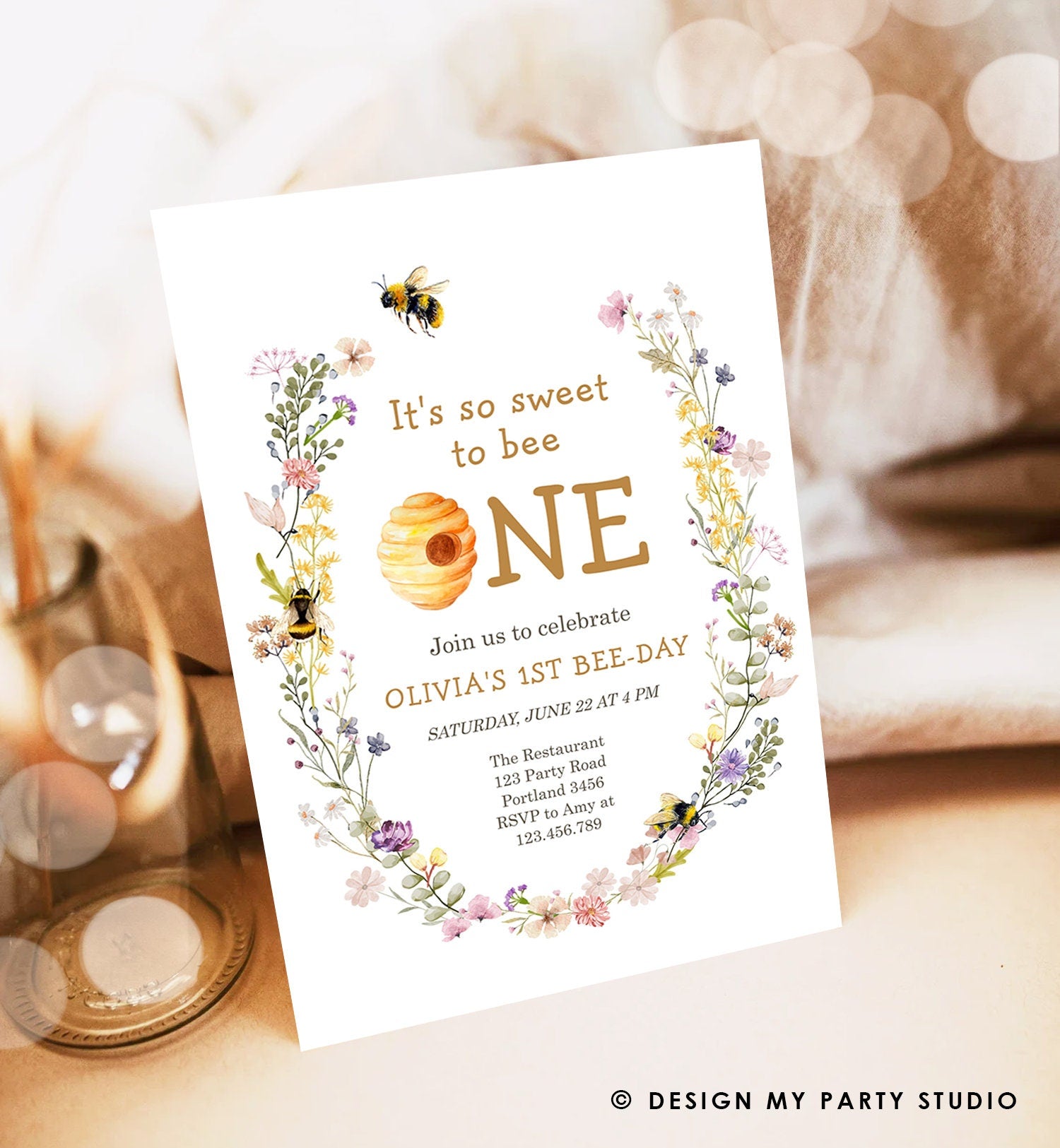 Editable Sweet to Bee One Invitation First Bee-Day Party 1st Bee Day Honey Girl First Birthday Bumble Bee Invitation Digital Corjl 0502