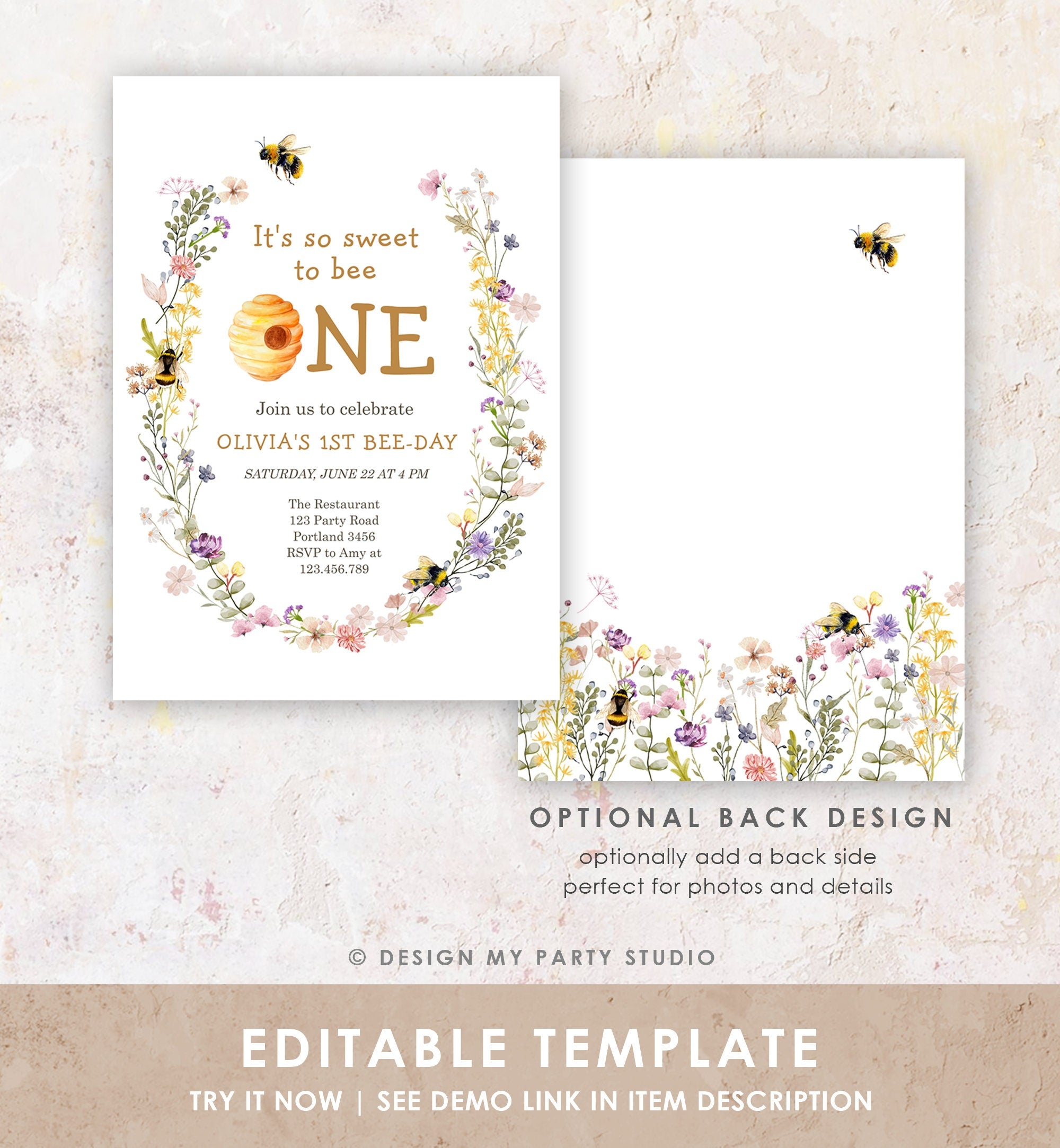 Editable Sweet to Bee One Invitation First Bee-Day Party 1st Bee Day Honey Girl First Birthday Bumble Bee Invitation Digital Corjl 0502