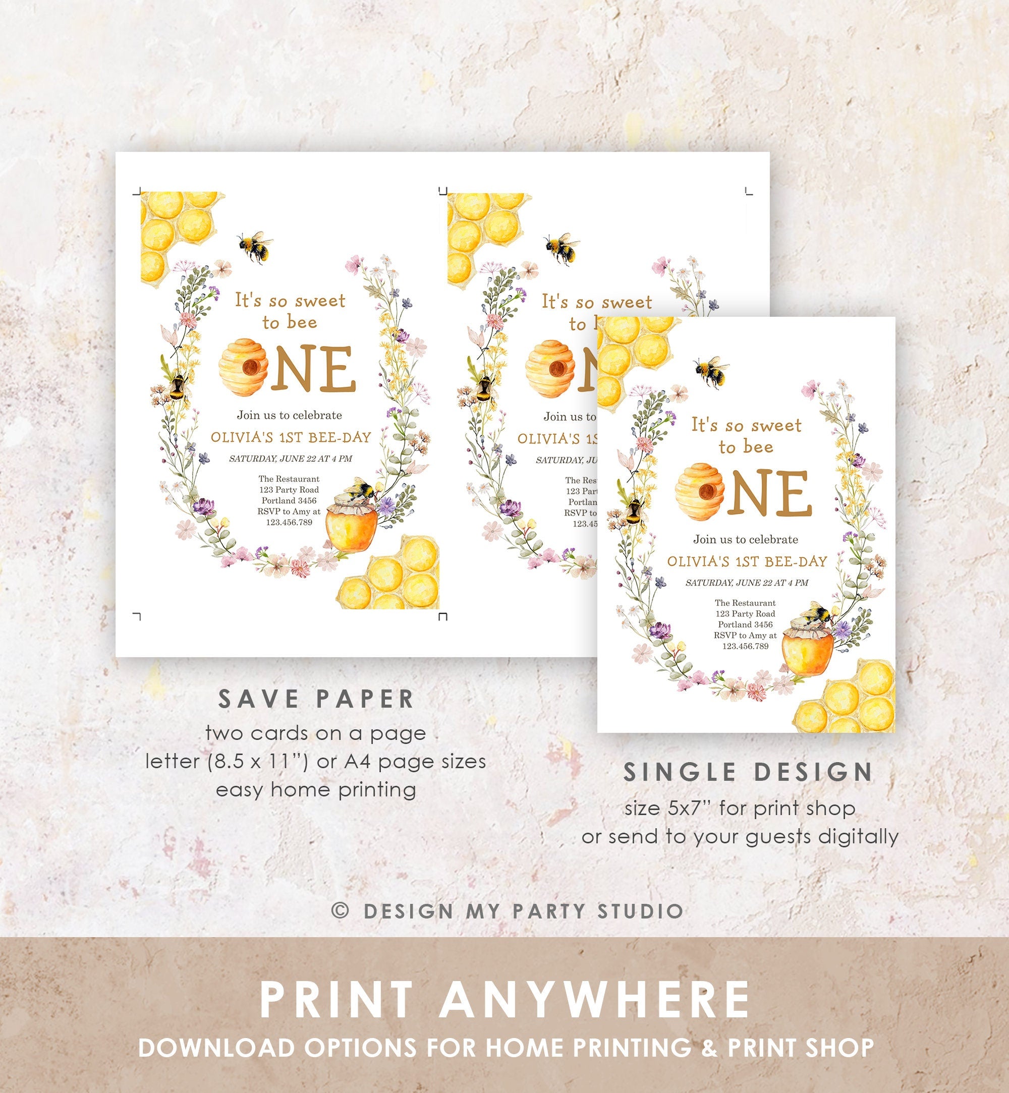 Editable Sweet to Bee One Invitation First Bee-Day Party 1st Bee Day Honey Girl First Birthday Bumble Bee Invitation Digital Corjl 0502