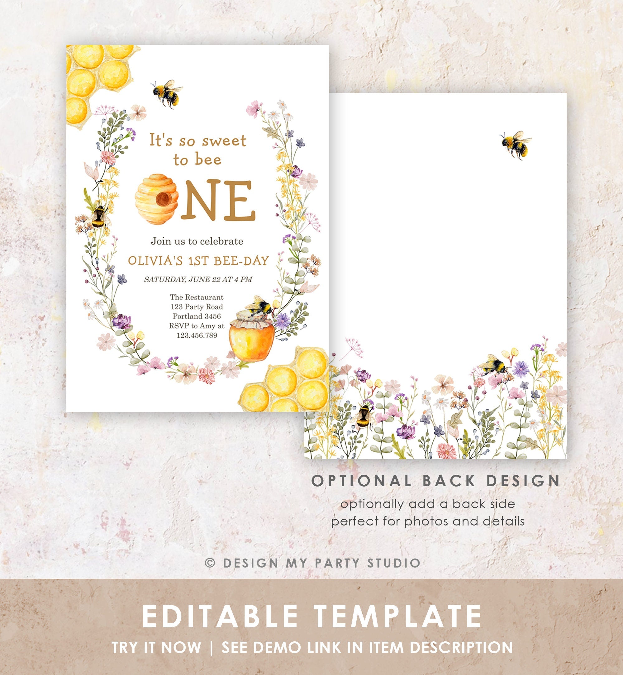 Editable Sweet to Bee One Invitation First Bee-Day Party 1st Bee Day Honey Girl First Birthday Bumble Bee Invitation Digital Corjl 0502