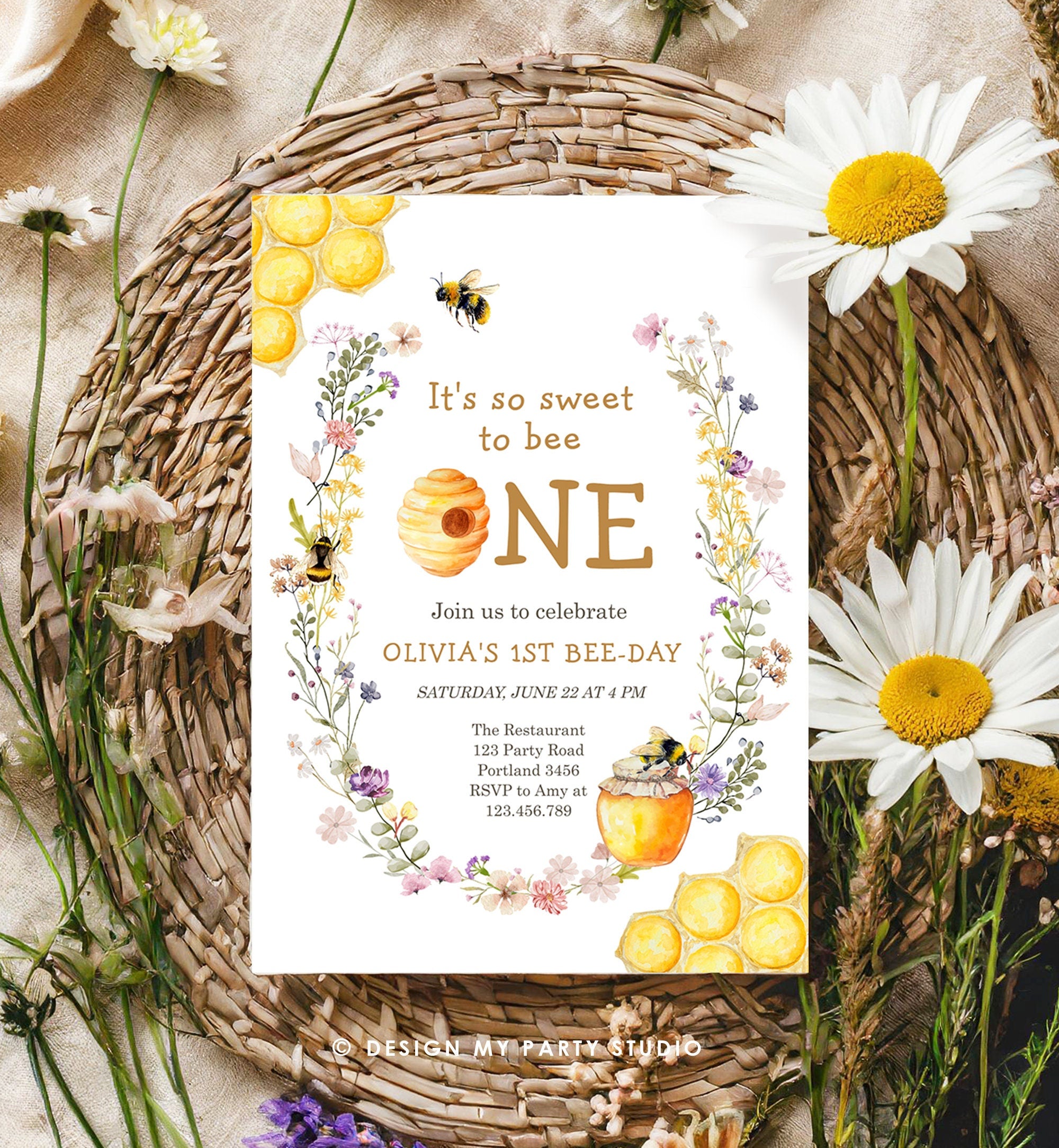 Editable Sweet to Bee One Invitation First Bee-Day Party 1st Bee Day Honey Girl First Birthday Bumble Bee Invitation Digital Corjl 0502